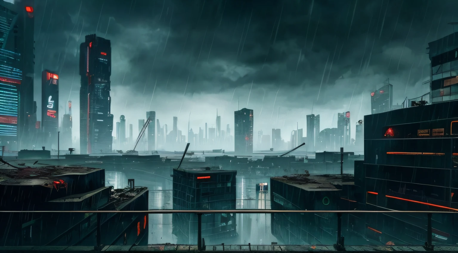 Post-apocalyptic cyberpunk city, Where it rains, Gloomy mood, Cinematic, 8K, rain shower