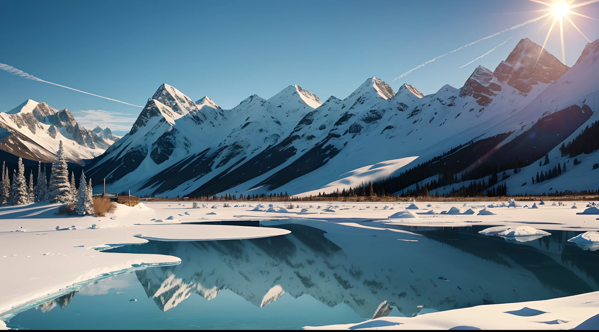blue-sky,(Ultra-realistic scene 1.3)(Extreme Light and Shadow 1.3)(Aurora Tracking 1.3)Super real,cinematic Film still from,Alps in the distance,(Covers a vast savannah 1.3),(The proportion of mountains and grasslands is about 1:3)There are people traveling in the distance,The warm sun shines directly on the snow-capped mountains,(Super textured,)Super shadows,Super reflected light,Super real water。(Hunter's cabin 1.3)(Melting ice lake 1.3)(Snow and ice melt,Tender green steppe 1.3)(Huge and wide spring prairie 1.3)(Summer sunshine 1.3)