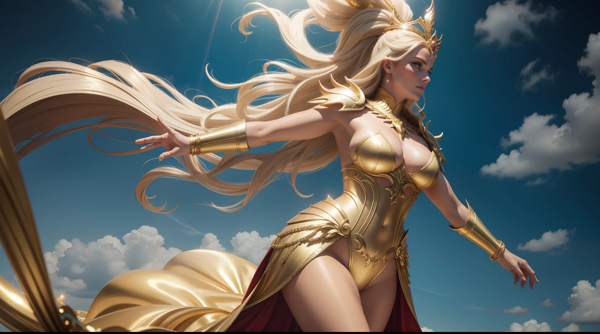 ( nuvens ) Lindsey Vonn as a MYTHOLOGICAL DIVA in a golden armor, tiara dourada com asas, floating into the sky, gold bracelets on the arms, coxas expostas, Face looking at the camera, athletic curvy body, Musculatura suavemente definida, perspectiva de corpo inteiro, Realismo 32K, obra prima.