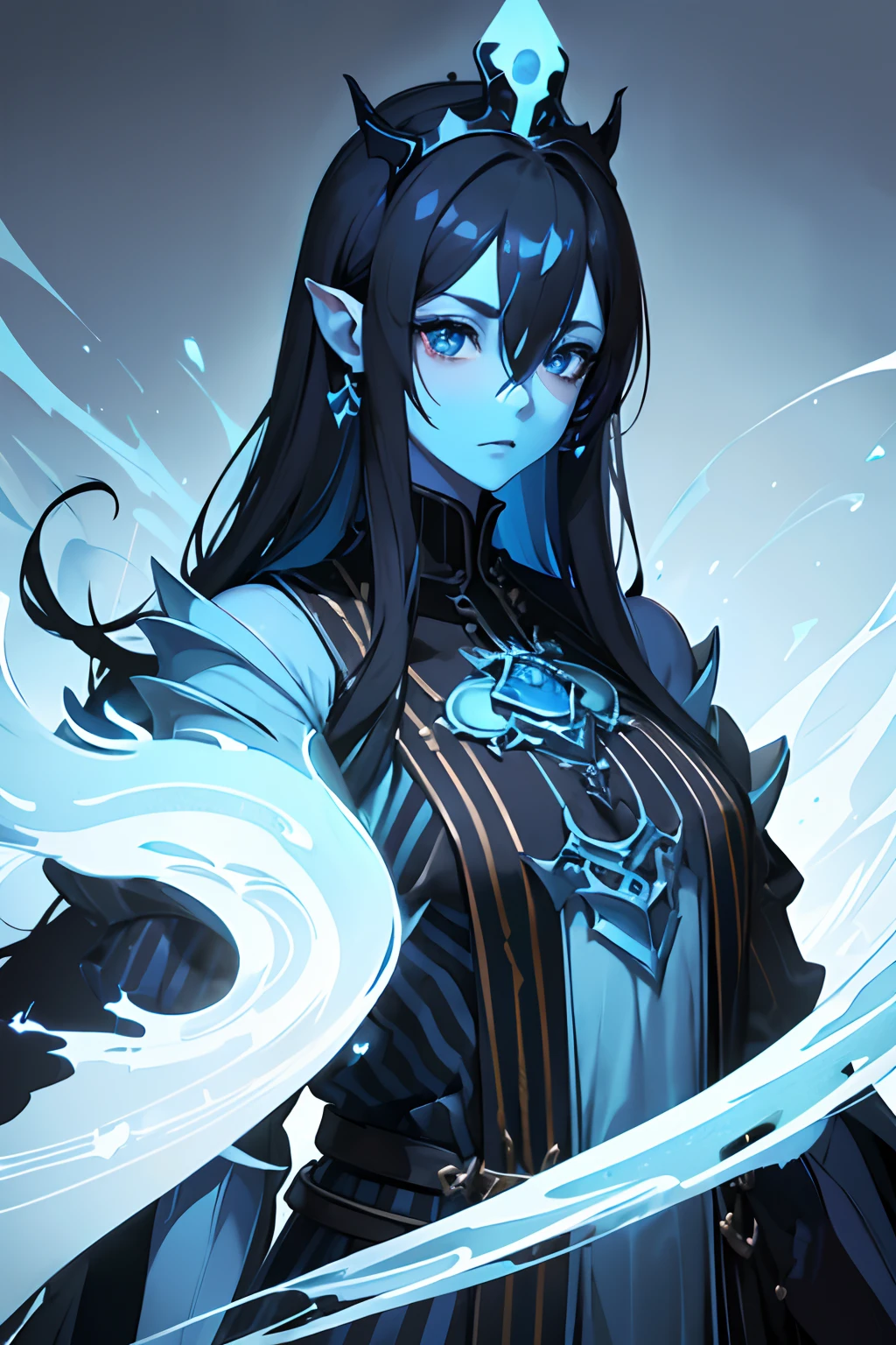 Best res, highest res, absurd res, (((((Blue skin))))), blue eyes, black hair, (((Royalty Tunic))), (((Black stripes on face))), 1woman, absurd res, (((Draconic))), good face