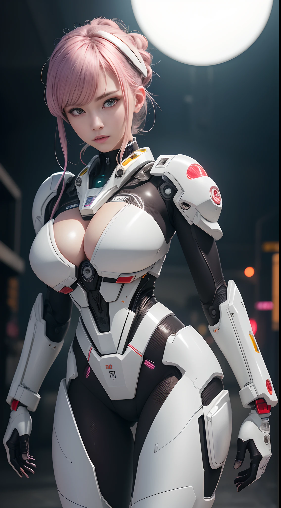 1mechanical_girl_with_kidou_keisatsu_patlabor_body ， wearing_intricate_bioluminescent_mechanical_cyborg_armor_made_out_of （white_beige_old_plastic）） ，（（Full body shot from head to toe）） （（hyper realistic detailed））， detailed_face， global_illumination， shadowing， octane_render， 8k， ultra_sharp， metals， ornaments_detailed， cold_colors， egypician_detail， highly_intricate_details， realistic_light， trending_on_cgsociety， glowing_eyes， Look down on someone， （Starting below））， Self-lifting，looking at viewert，neon_details，machanical_limbs，blood_vessels_connected_to_tubes，（lot_wires_and_cables_connecting_to_head_and_body）），killing_machine，extremely_sexy，Lewdness，Oversized breasts，slutty，offical wallpaper，NSFW，In the style of Neon Genesis Evangelion，You find yourself standing in a desolate state，On the post-apocalyptic wasteland，Because the distant ruins of a huge city loom on the horizon。The sky is filled with ominous clouds，Because a huge creature towers into the distance，cinematric light，Dramaticlight，Pink big breasts+purpleish color