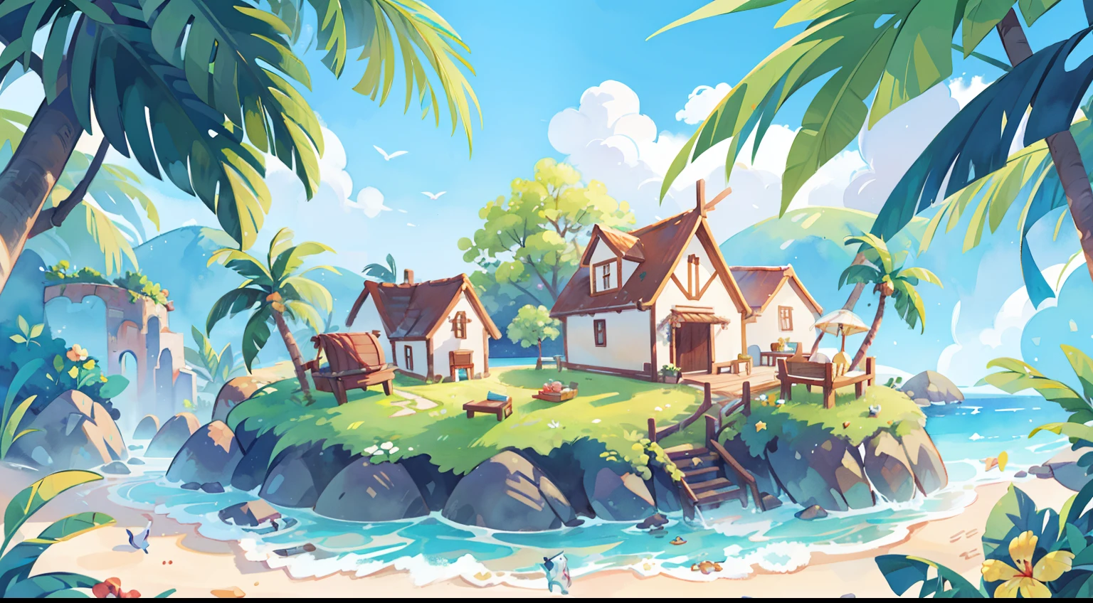 ((Picture book illustration)), Ocean Fantasy, Watercolor illustration, caprichoso, Cores quentes, aldeia, Casas, tropical, farol enorme, ((master part)), ambiente altamente detalhado