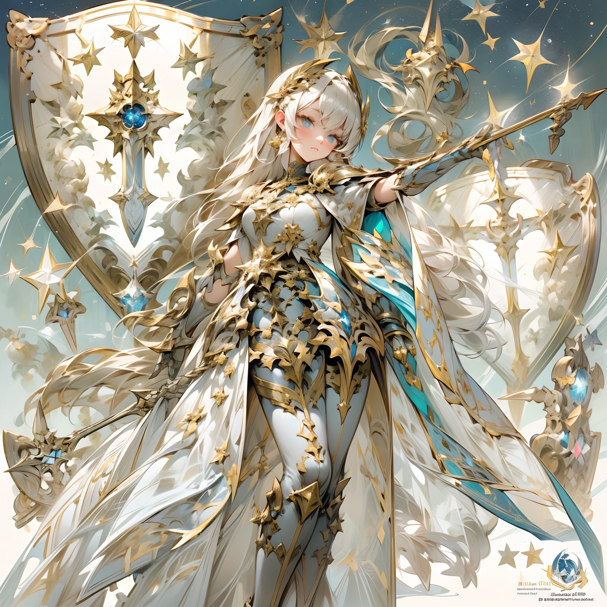 ((Masterpiece, Highest quality)), Detailed face, CharacterDesignSheet, full bodyesbian, Full of details, Multiple poses and expressions, Highly detailed, Depth, Many parts,Beautiful paladin girl,estilo fantasia,Holding a shield,Extremely beautiful,High Balance, Natural light, Lace,lacepantyhose,starrysky,Star decoration