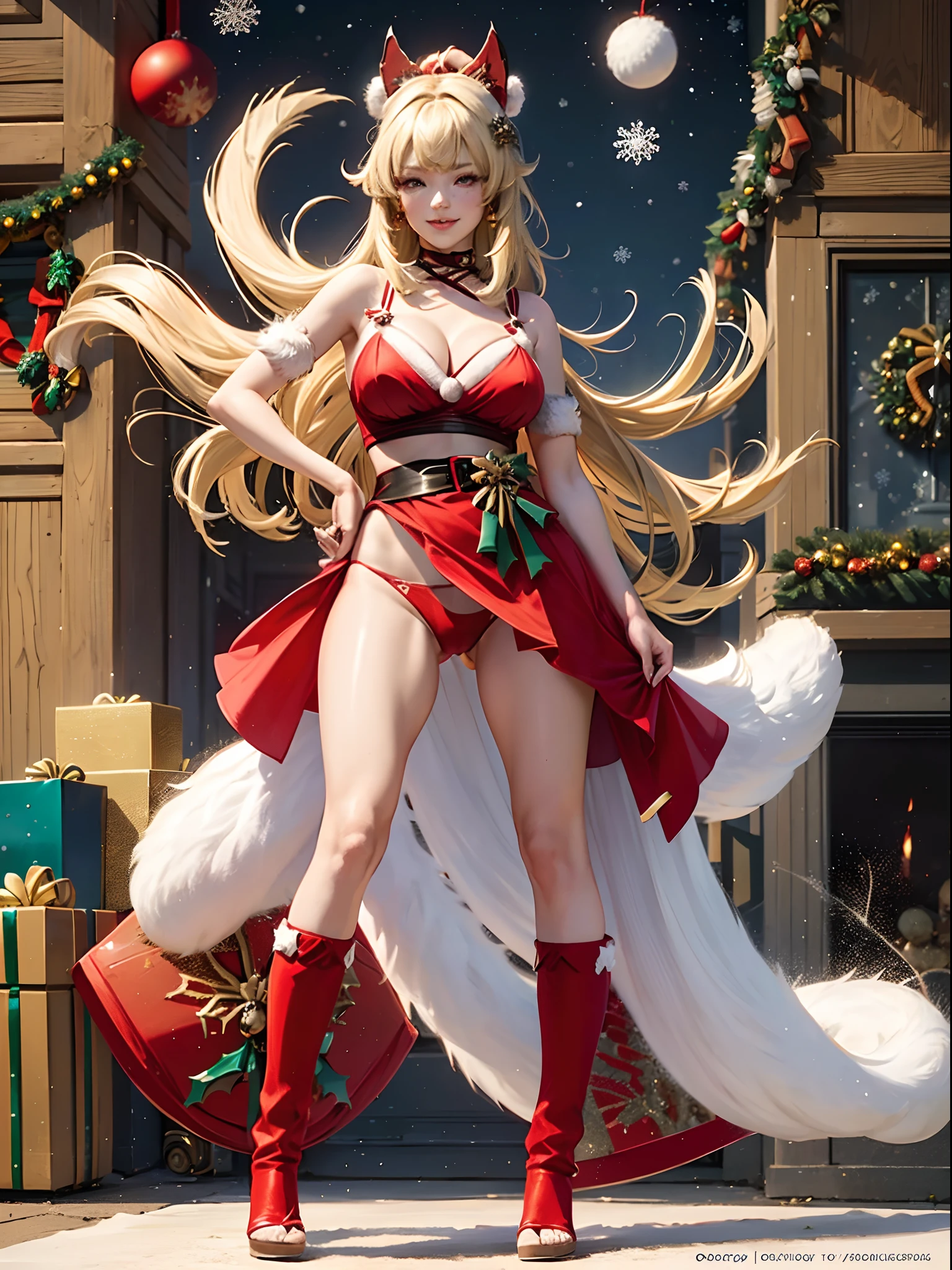Kirara,red dress,((see through)), extremely detailed,(((visible white thong))),grinning,realistic, red heels, (((Christmas))), cleavage, cameltoe, blonde, (((standing))), blonde, cat girl