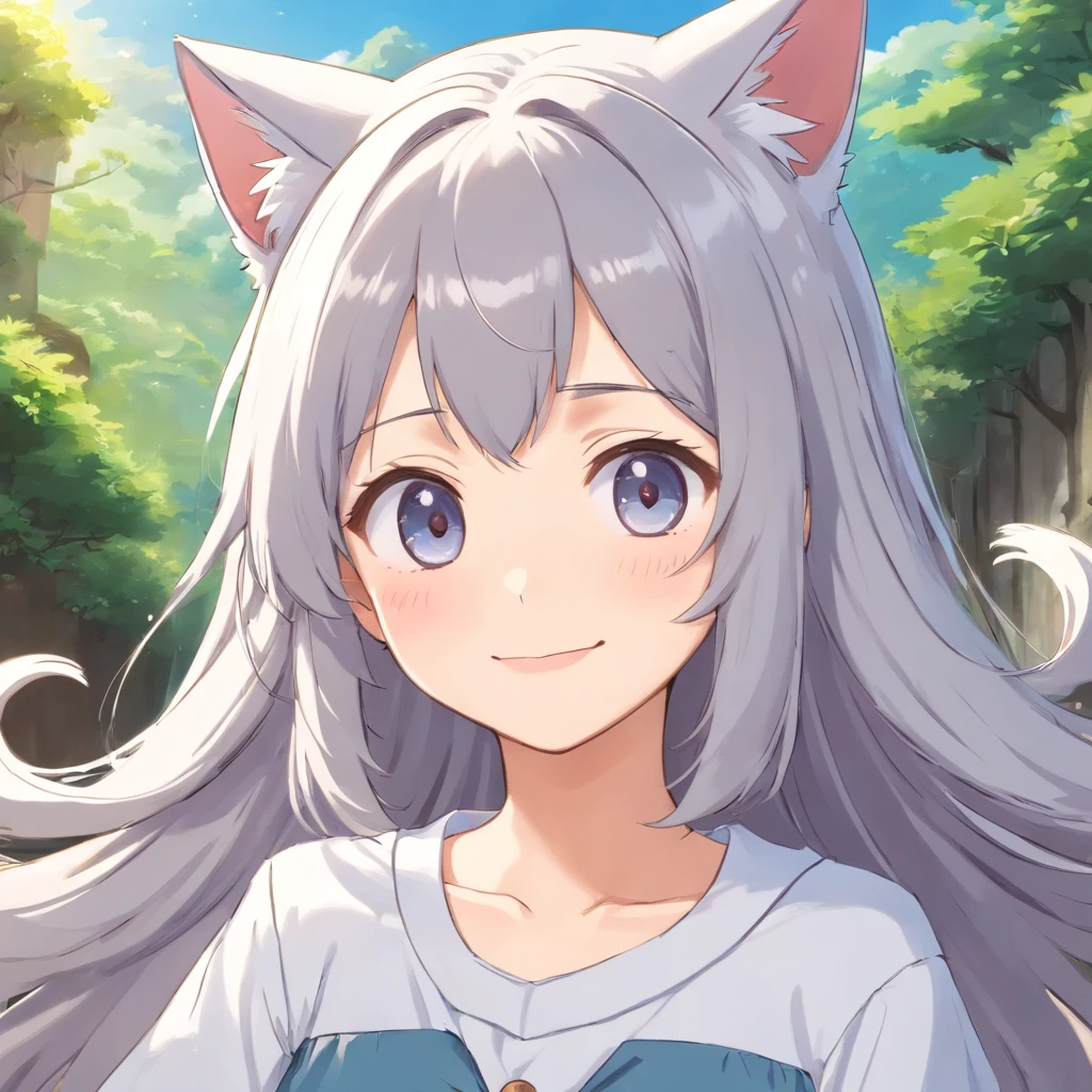 Anime girl with long gray hair and a white shirt with a cat on her head, cute anime face, Soft anime illustration, extremely cute anime girl face, small curvaceous loli, Cute anime girl, Anime moe art style, cute anime girl portraits, Pixiv style, white haired Cangcang, Cute anime girl portrait, Best Rated on pixiv, cute kawaii girls, Guviz，ssmile