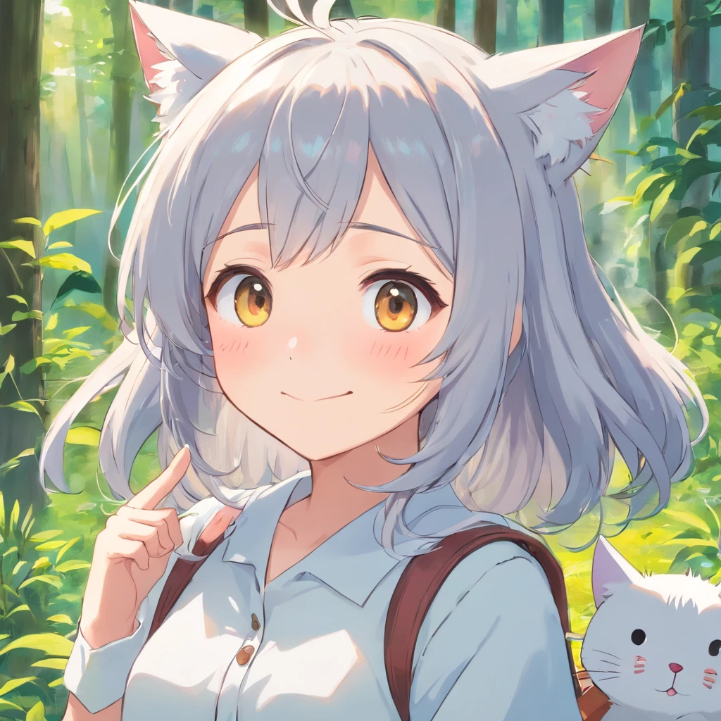 Anime girl with long gray hair and a white shirt with a cat on her head, cute anime face, Soft anime illustration, extremely cute anime girl face, small curvaceous loli, Cute anime girl, Anime moe art style, cute anime girl portraits, Pixiv style, white haired Cangcang, Cute anime girl portrait, Best Rated on pixiv, cute kawaii girls, Guviz，ssmile