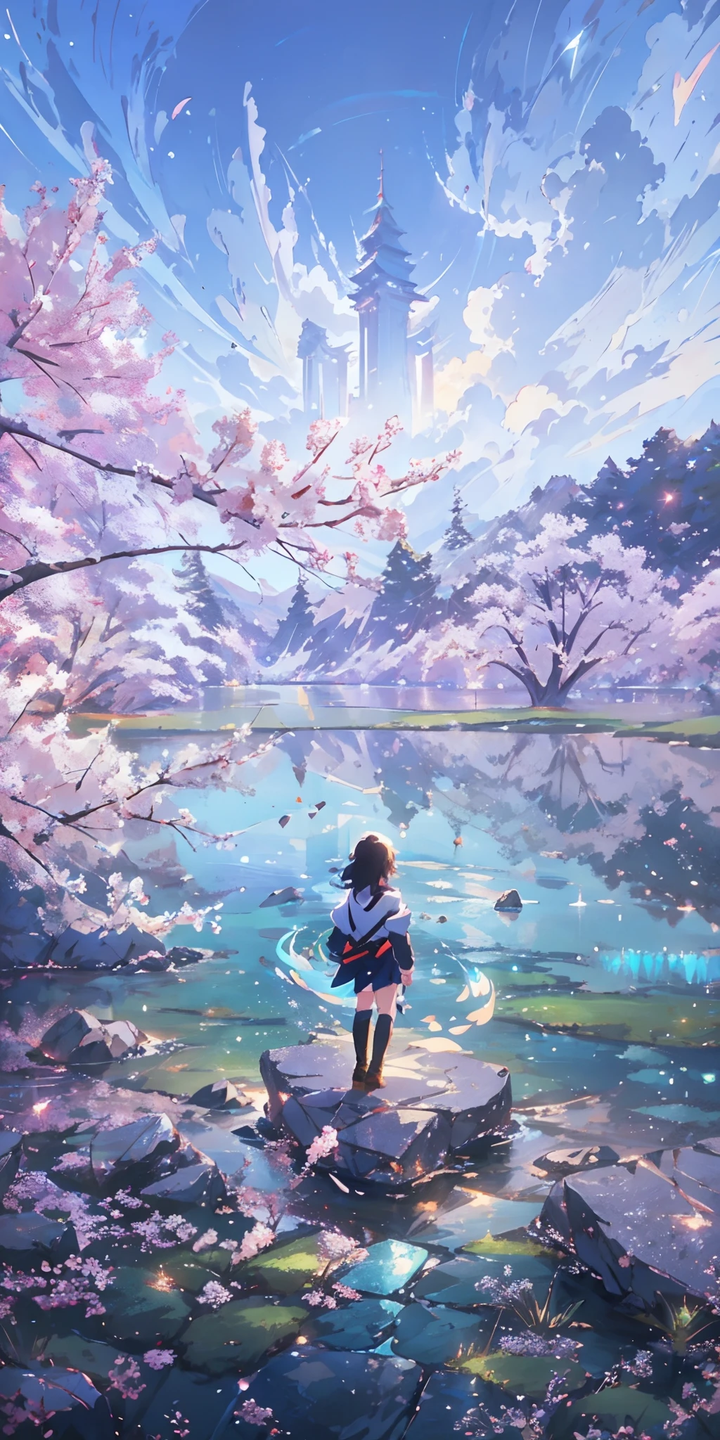 anime - style painting of a woman standing on a rock in a lake, anime beautiful peace scene, beautiful anime scene, beautiful anime scenery, makoto shinkai cyril rolando, makoto shinkai. digital render, in style of makoto shinkai, makoto shinkai art style, inspired by Makoto Shinkai, anime landscape, anime nature, starry sky, night sky,