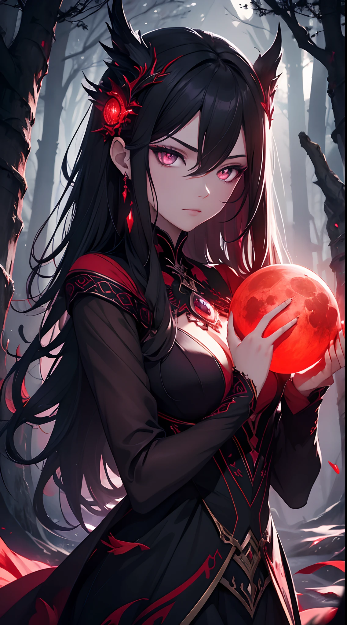 Dark and mysterious eyes, intense expression, Elegant Pose, Red Moon, The tree々Red moonlight shining between, An enchanted forest, Glowing magic symbol, ethereal beauty, Fantasy Artwork, Vibrant colors, Dramatic Lighting, Otherworldly atmosphere