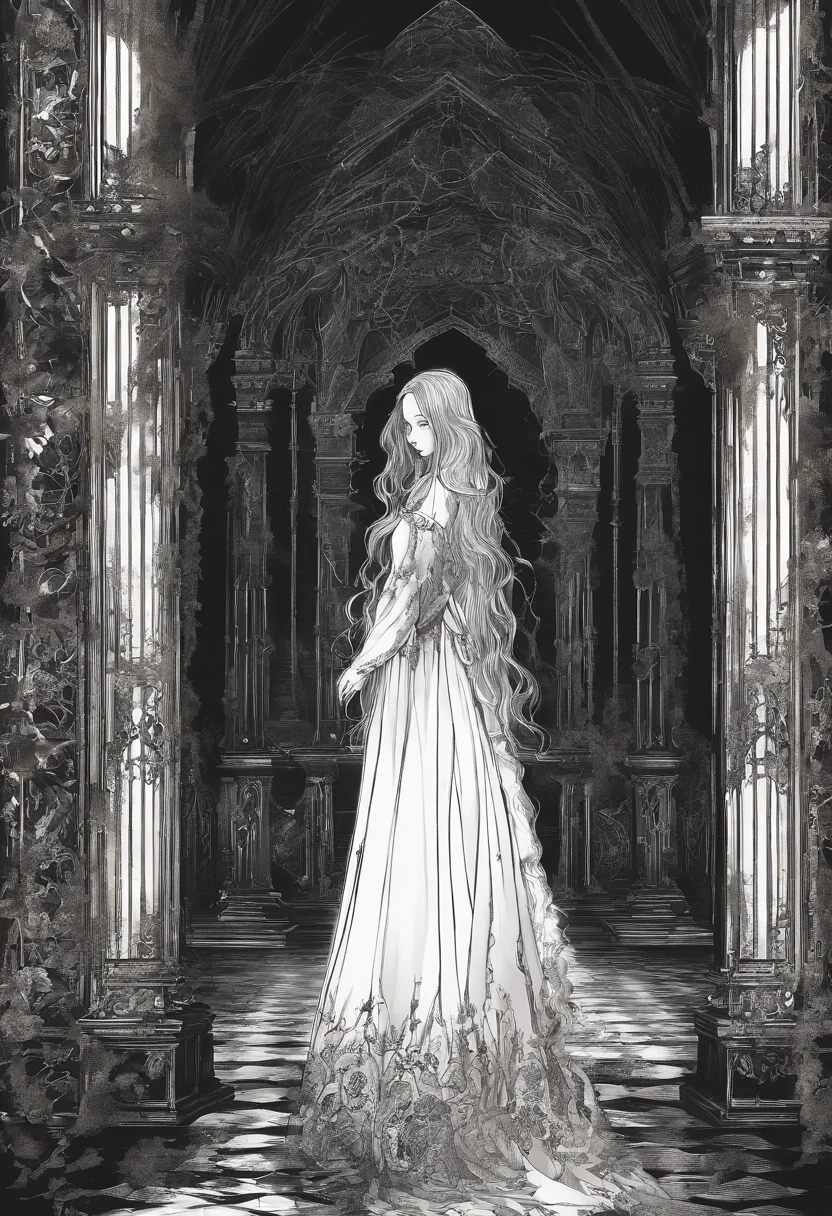 a young girl in a tattered white dress, her long hair obscuring part of her melancholic face. Her eyes appear dim, and an eerie smile crosses her pale visage from time to time. She stands in the corner of a dark room, as if waiting with profound sadness. Yet, what is most chilling is the long shadow she casts on the wall, appearing larger and more ominous than her own figure. It's as if it's a window into her wounded and isolated soul, hinting at a tale possibly even more terrifying than what meets the eye.