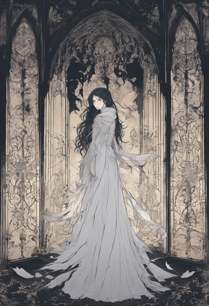 a young girl in a tattered white dress, her long hair obscuring part of her melancholic face. Her eyes appear dim, and an eerie smile crosses her pale visage from time to time. She stands in the corner of a dark room, as if waiting with profound sadness. Yet, what is most chilling is the long shadow she casts on the wall, appearing larger and more ominous than her own figure. It's as if it's a window into her wounded and isolated soul, hinting at a tale possibly even more terrifying than what meets the eye.
