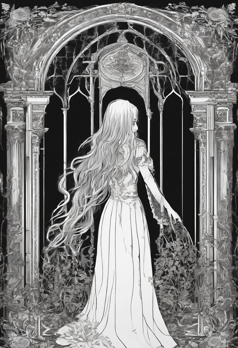 a young girl in a tattered white dress, her long hair obscuring part of her melancholic face. Her eyes appear dim, and an eerie smile crosses her pale visage from time to time. She stands in the corner of a dark room, as if waiting with profound sadness. Yet, what is most chilling is the long shadow she casts on the wall, appearing larger and more ominous than her own figure. It's as if it's a window into her wounded and isolated soul, hinting at a tale possibly even more terrifying than what meets the eye.