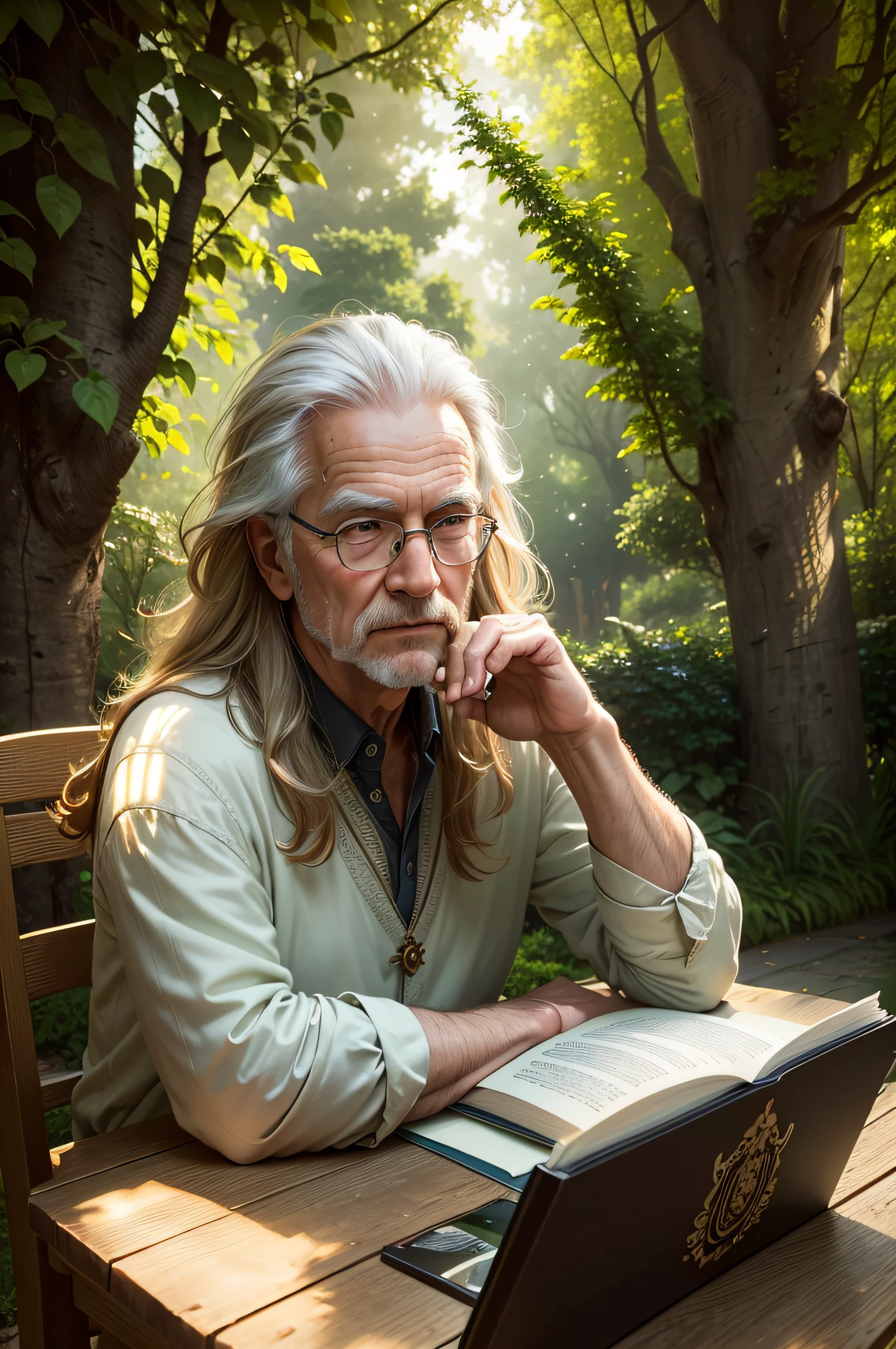 (Best quality,4K,A high resolution,Masterpiece:1.2), Ultra-detailed, Realistic, hdr, professional, Vivid colors, sportrait, Warm color tones, Soft lighting, A learned old man reading and writing, Captivating facial expressions, Charming eyes and lips, Flowing hair, Elegant Pose, Friendly and approachable appearance, fashionable attire, Natural garden setting, Blooming flowers, Lush greenery, sunlight filtering through trees, a peaceful and serene atmosphere，