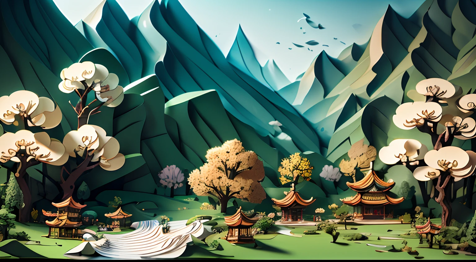 Charming Chinese garden scenery, Every building,green trees, leafs, Woodland creatures are carefully crafted from paper, The dappled sunlight reveals the delicate layers and textures of this paper world, arte em papel cortado, Precision cutting,Create lifelike organic forms