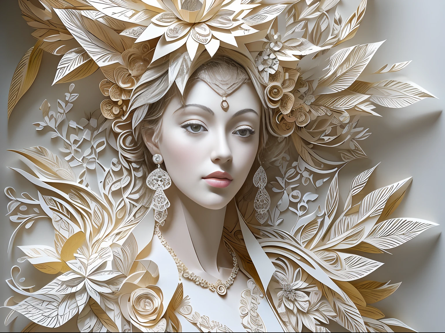 (((arte em papel cortado,Flat paper cutout。)))There is a picture of a woman in a paper wedding dress, paper modeling art, paper art, made of paper, karol bak uhd, layered paper art, detailed dress and face, Goddess. Extremely high detail, Very detailed woman, detailed woman, Intricate fantasy of reality, fantasy. Intricate, Intricate beauty, Obras de arte intrincadas, intricate portrait