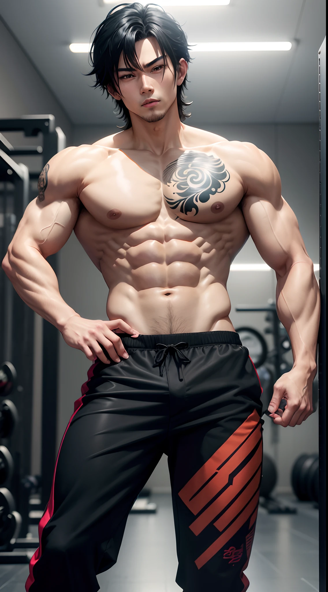 Yuijiro Hanma handsome, good body, Anime character, standing in the gym, decorated with devil tattoos, beautiful and clear muscles. His black hair is wild and unruly, his pants are black.