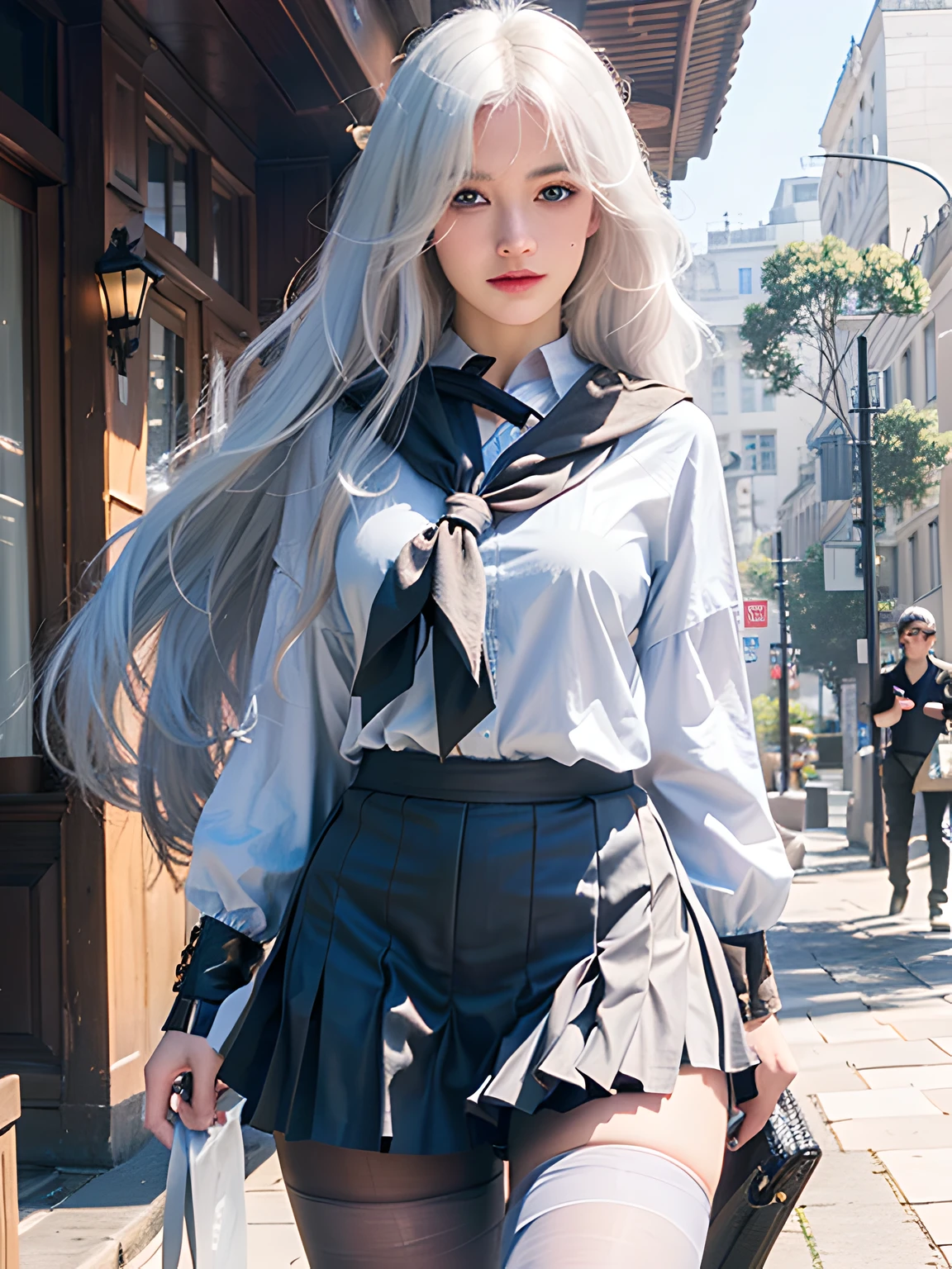 (photorealistic:1.4), best quality, masterpiece, ultra high res, 1girl, (detailed face:1.2), (detailed eyes:1.2), (detailed hair:1.2), (detailed clothes:1.2), 4k, (detailed color:1.2), (white hair:1.2), (looking at viewer:1.2), right eye covered by hair, (light blue eyes:1.2), black stocking,