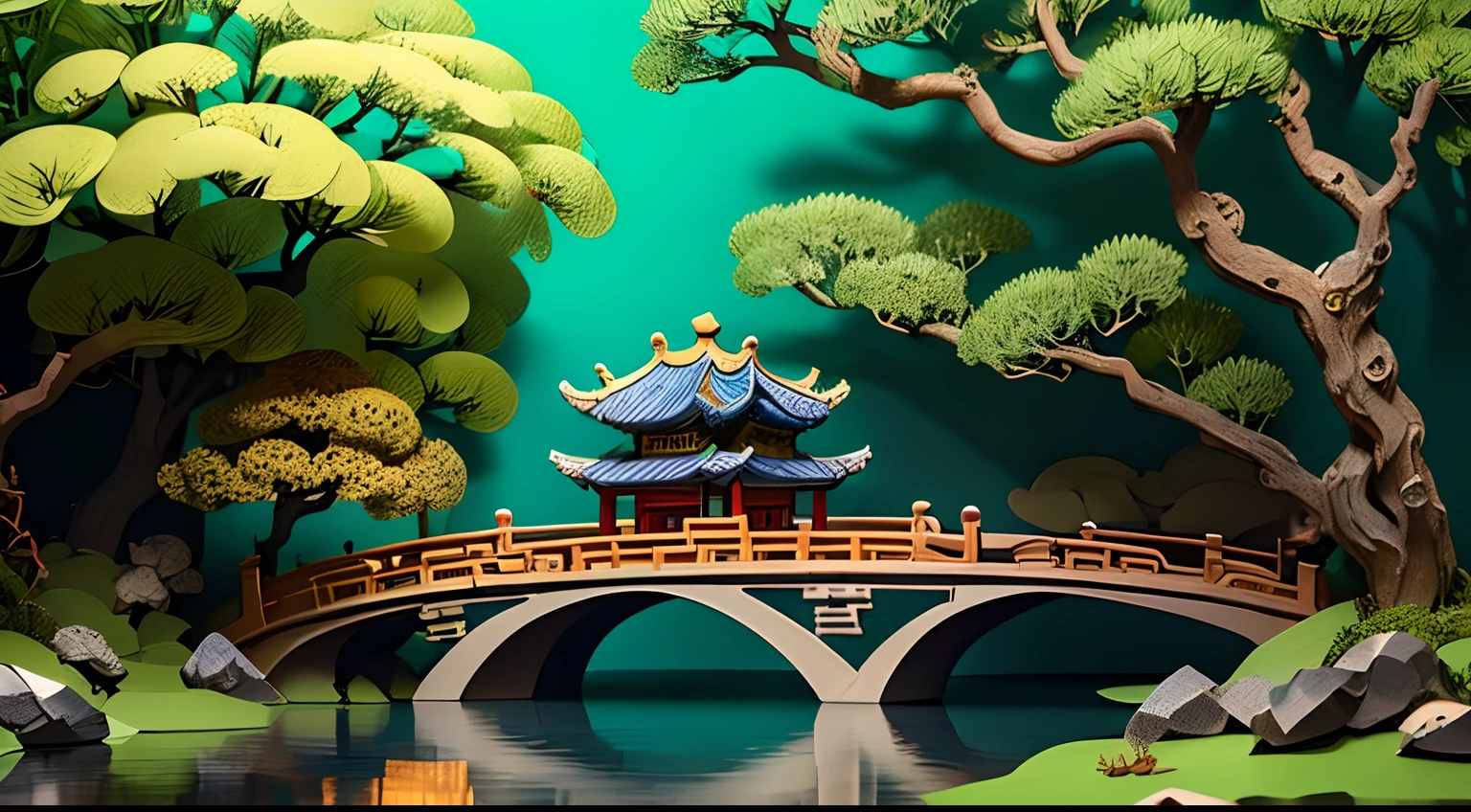 Charming Chinese garden scenery, Every building,green trees, leafs, Woodland creatures are carefully crafted from paper, The dappled sunlight reveals the delicate layers and textures of this paper world, arte em papel cortado, Precision cutting,Create lifelike organic forms