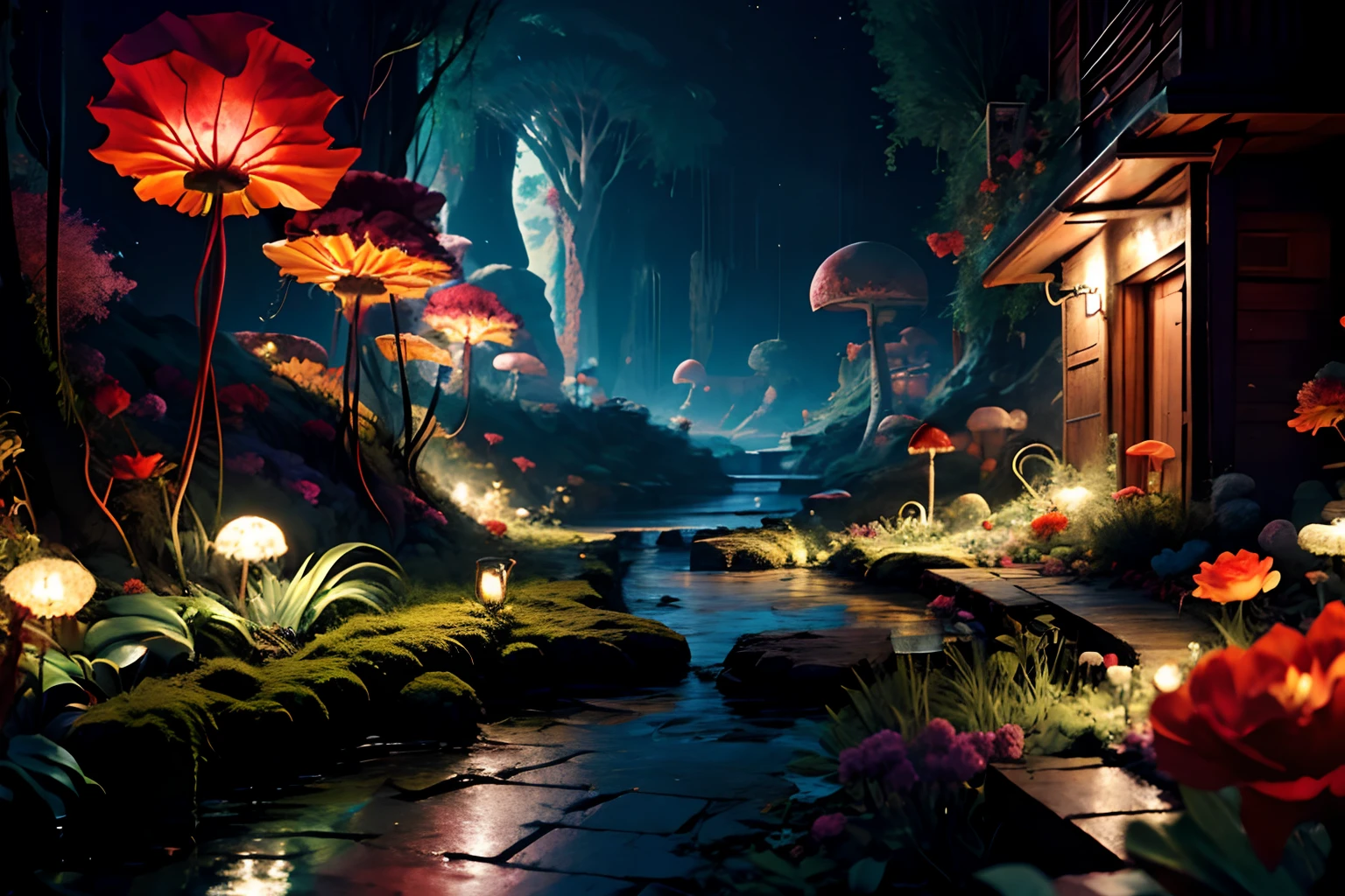 masterpiece,(best quality:1.3),
fantasy_world,Garden,Running water,