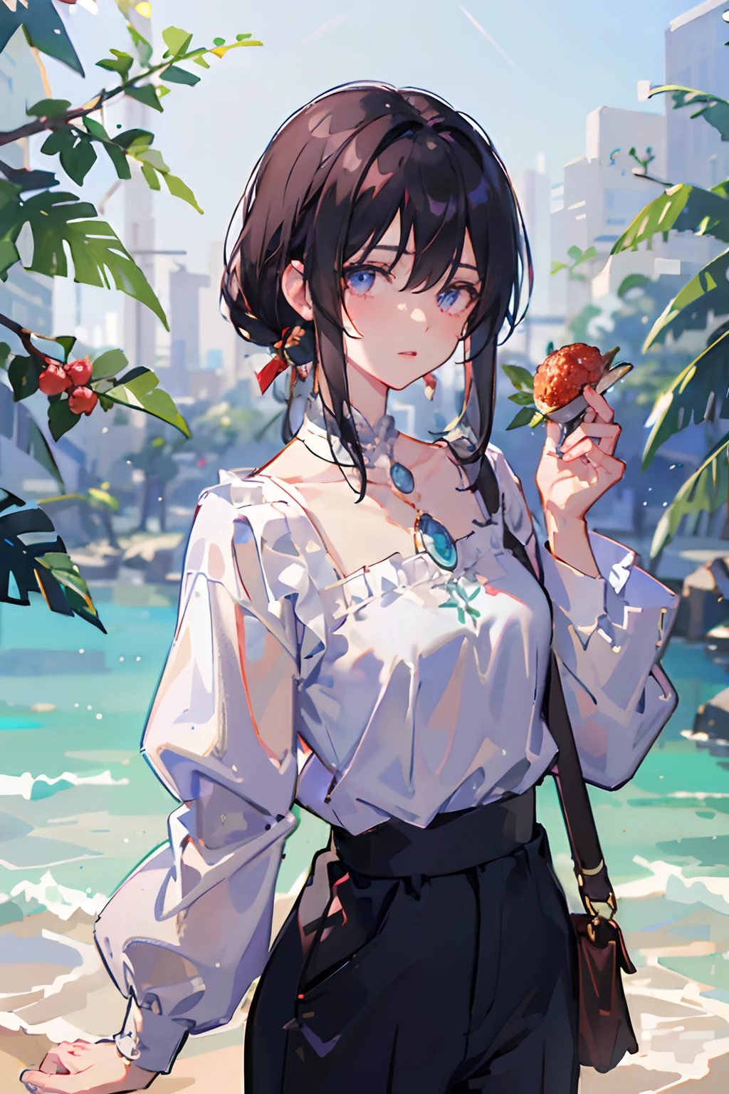 1boy和1boy，By bangs，berries，Black hair，tiese，The shirt，eBlue eyes，Hair between both eyes，jewely，leafs，looking at viewert，malefocus，choker necklace，trouser，The shirt，独奏，Wrist watch，White pants，Wrist watch，Messy hair, Trends on ArtStation, 8K分辨率, The is very detailed, anatomically correcte, Sharp Images, digitial painting, concept-art, Popular trends on pixiv, Makoto Shinkai's style,