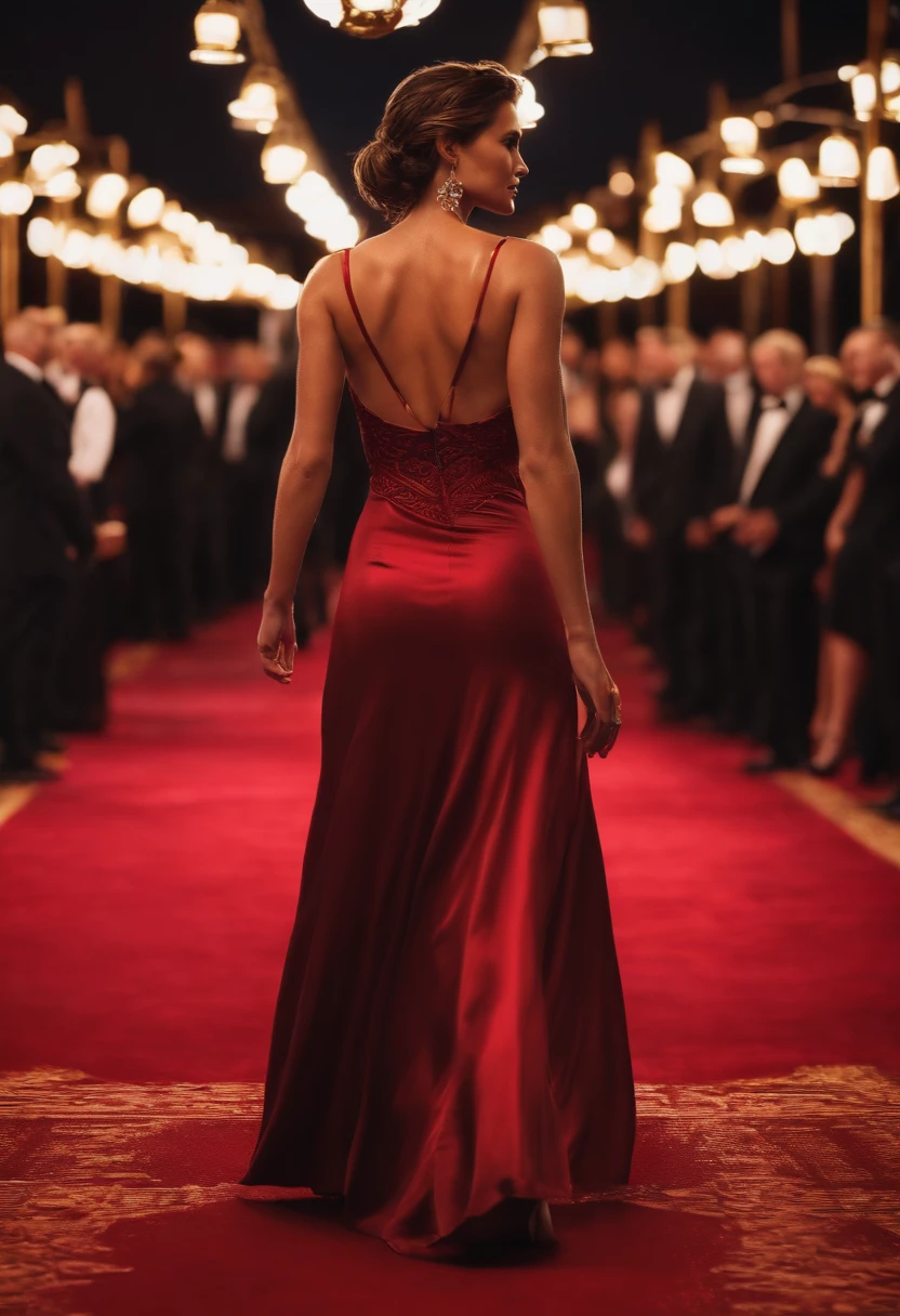 lara croft walking over a red carpet, night event, gala, wearing night dress, full body, hair up
