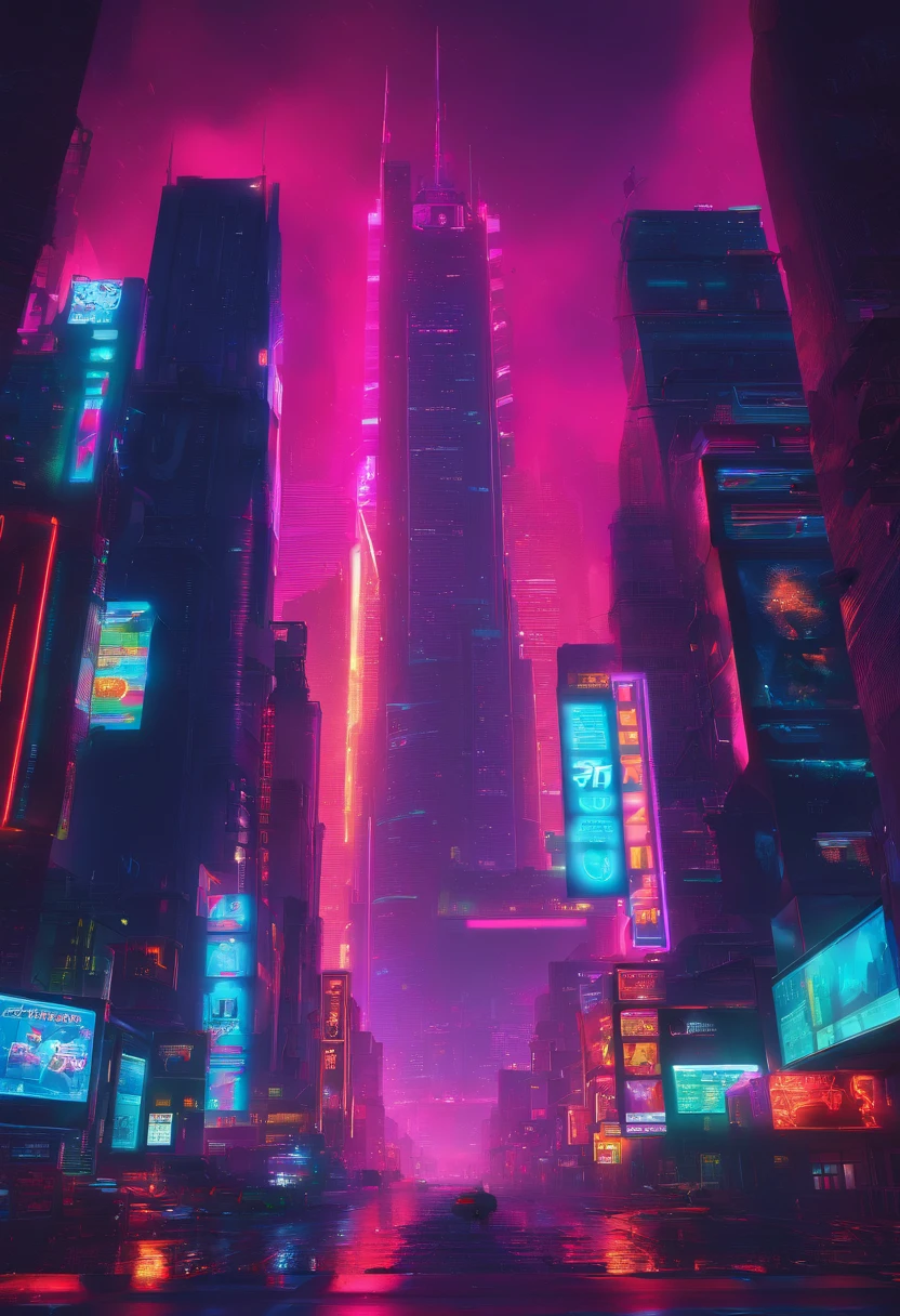 Cyberpunk 2077 Night City Huge city The sky is black There are colorful neon lights in the city The sky is raining The road area water reflects the neon lights of the city