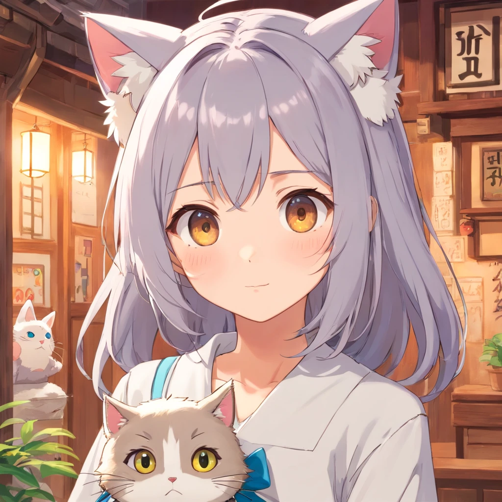 Anime girl with long gray hair and a white shirt with a cat on her head, cute anime face, Soft anime illustration, extremely cute anime girl face, small curvaceous loli, Cute anime girl, Anime moe art style, cute anime girl portraits, Pixiv style, white haired Cangcang, Cute anime girl portrait, Best Rated on pixiv, cute kawaii girls, Guviz，Sluggish