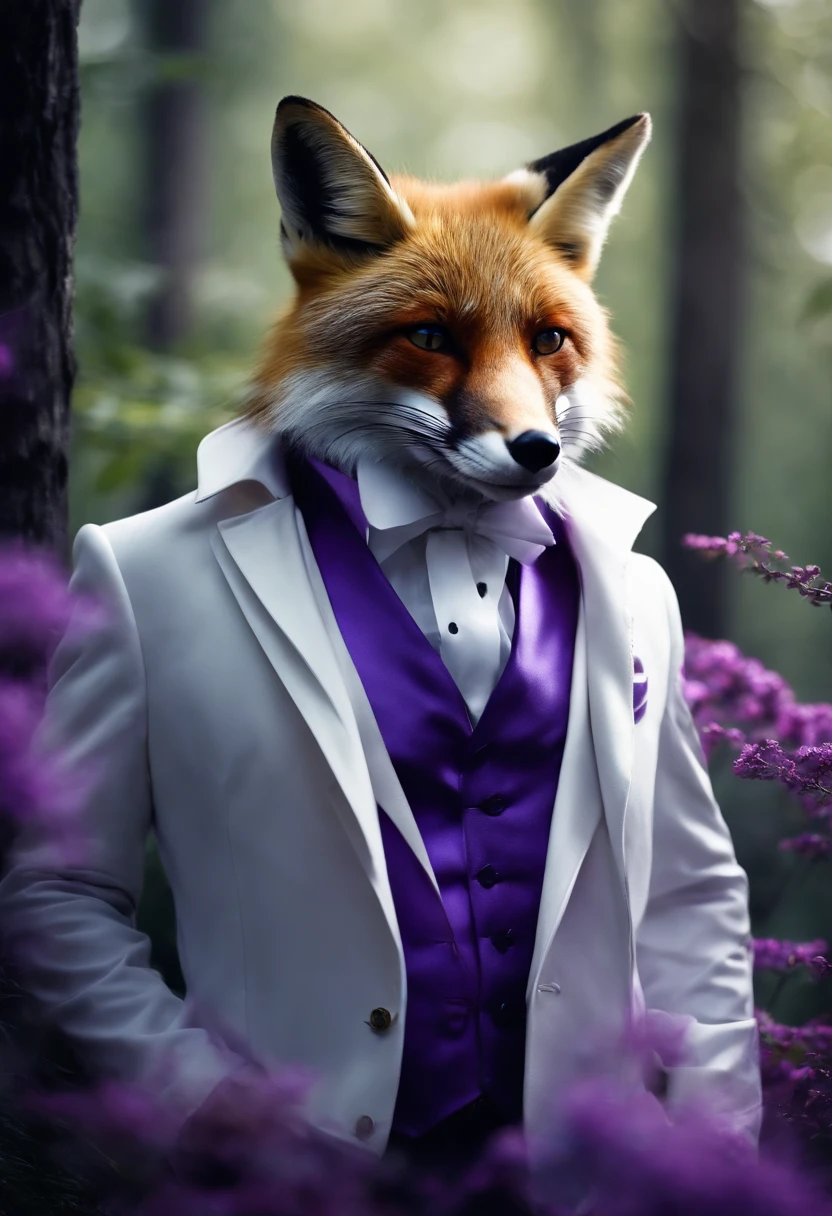 Ultra realistic photo Hd Fox Blue purple imposing with white suit purple breastplate glasses forest background