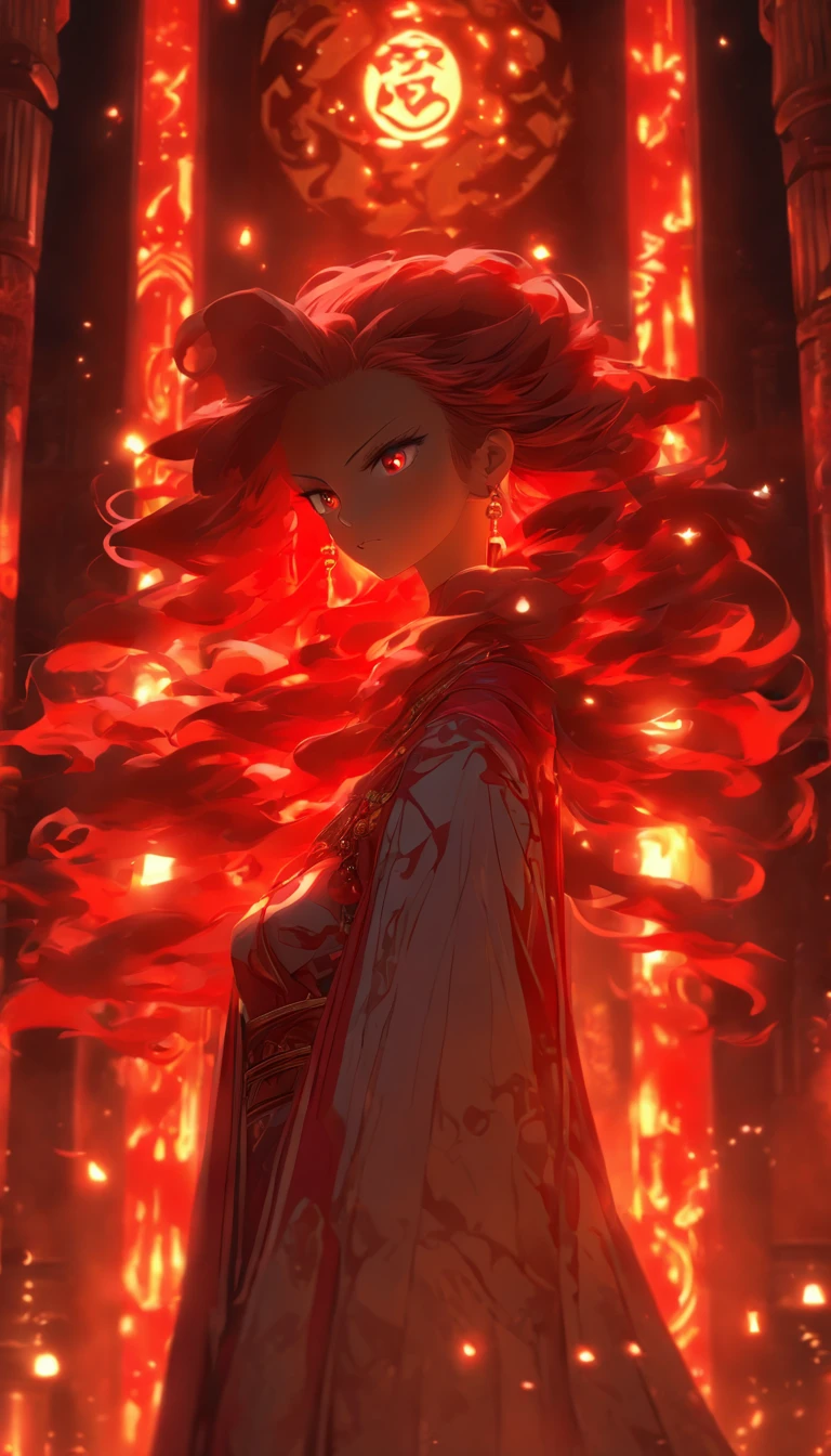 digital art, full body, masterpiece, best quality, 1girl, empress, red eyes, long flowing red hair, detailed hair, inside a temple, well lit, illuminated environment , solo, looking at viewer, long ceremonial costume, circle of magic, high light, ray tracing, 8K,