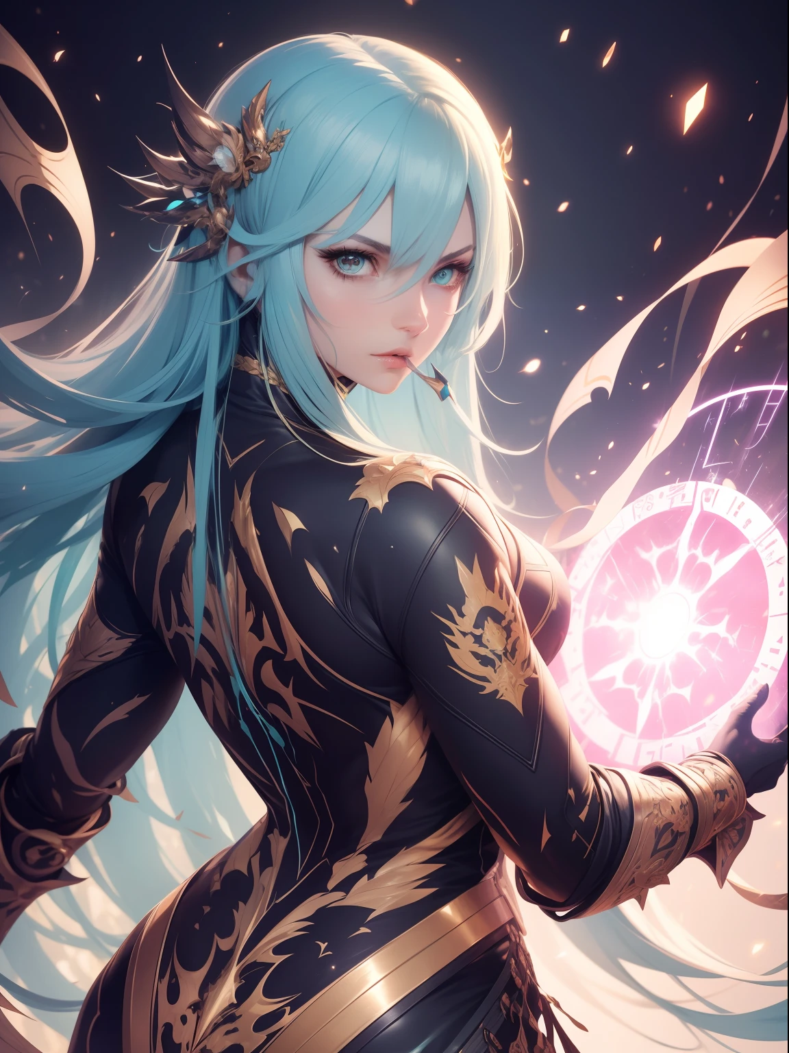 Costume close-up, Guweiz's fantasy style, Gojo's pristine Jujutsu Tech sorcerer uniform enhanced with ornate filigree and glowing sigils visible only by his intrinsically generated cursed energy flickering amid particles dancing across the folds of his billowing sleeve and sliding panels revealing whipcord muscle and skin pulsing with indomitable power contained within his formidable disciplined form, intense eyes gaze resolutely from behind loose turquoise bangs glowing with arcane insight, mouth upturned ever so slightly at the corners anticipating the unraveling of hidden mysteries throughanalysis and esoteric techniques transcending ordinary capacity