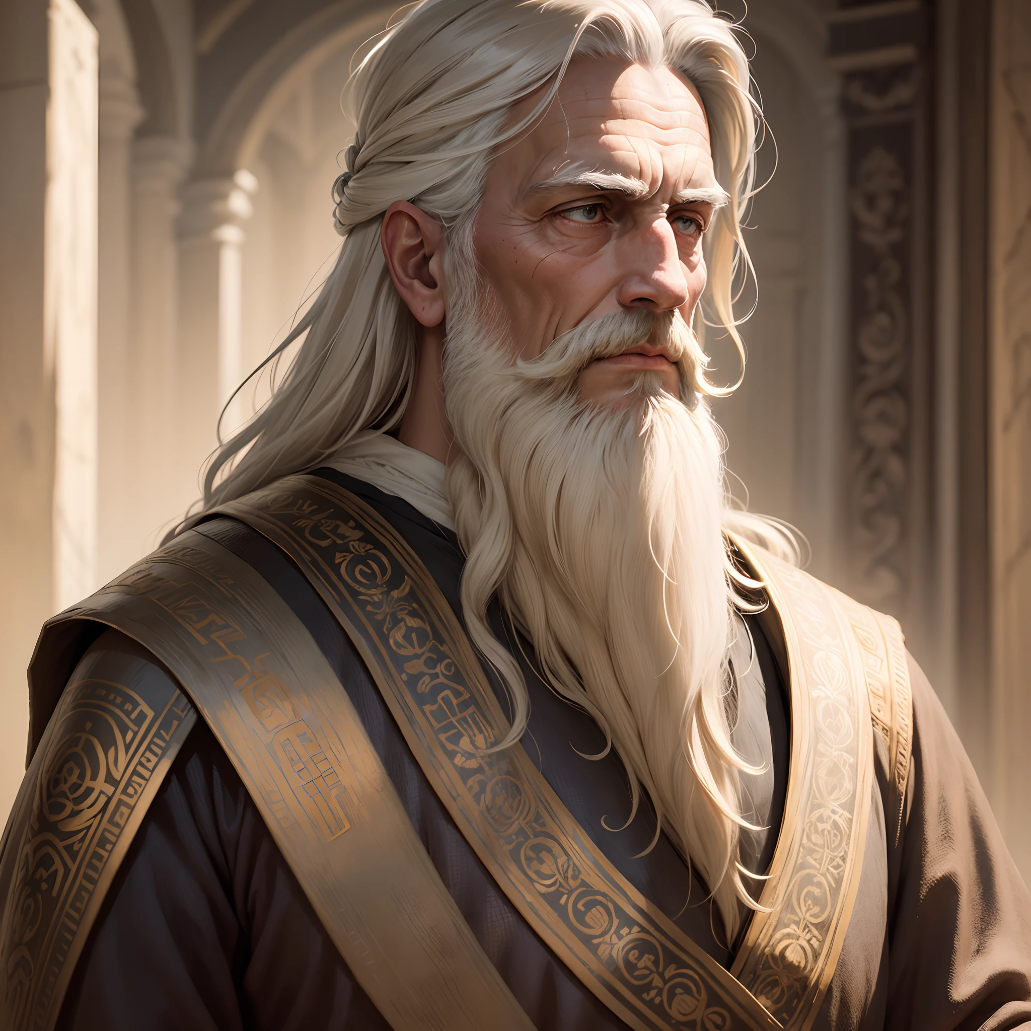 "Zeno of Scythia, stoic philosopher, detailed portrait, ancient medium, thoughtful expression, serene atmosphere, warm lighting, realistic rendering, detailed beard, wrinkled forehead, wise eyes, calm demeanor, intricate robe, neutral colors, harmonious composition"