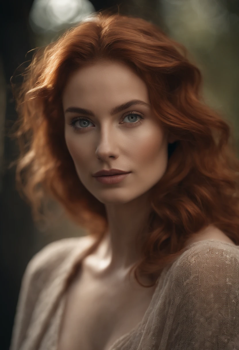 RAW, analog style, A stunning portrait of a young, beautiful woman with striking features. She should have long, flowing red hair, a captivating gaze, and an alluring expression. The background should be neutral and simple, allowing the woman to be the image's focal point. Please pay close attention to the details, such as the highlights and shadows on her face and hair, to create a lifelike and realistic image. Experiment with different lighting techniques to enhance the mood and atmosphere of the portrait. The final product should be a masterpiece that captures the essence and beauty of the woman, ((highly detailed skin, skin details)), sharp focus, volumetric fog, 8k UHD, DSLR, high quality, film grain, Fujifilm XT3, full body.