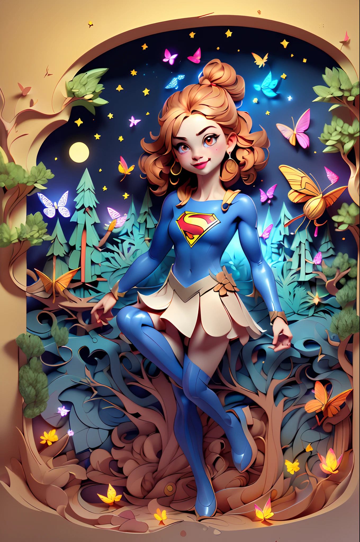 ((((Masterpiece))), Best quality, Illustrations, Beautiful details glow,
Three-dimensional carving art,Supergirl ,Facial details clearly visible, tree, Moon, Butterfly,