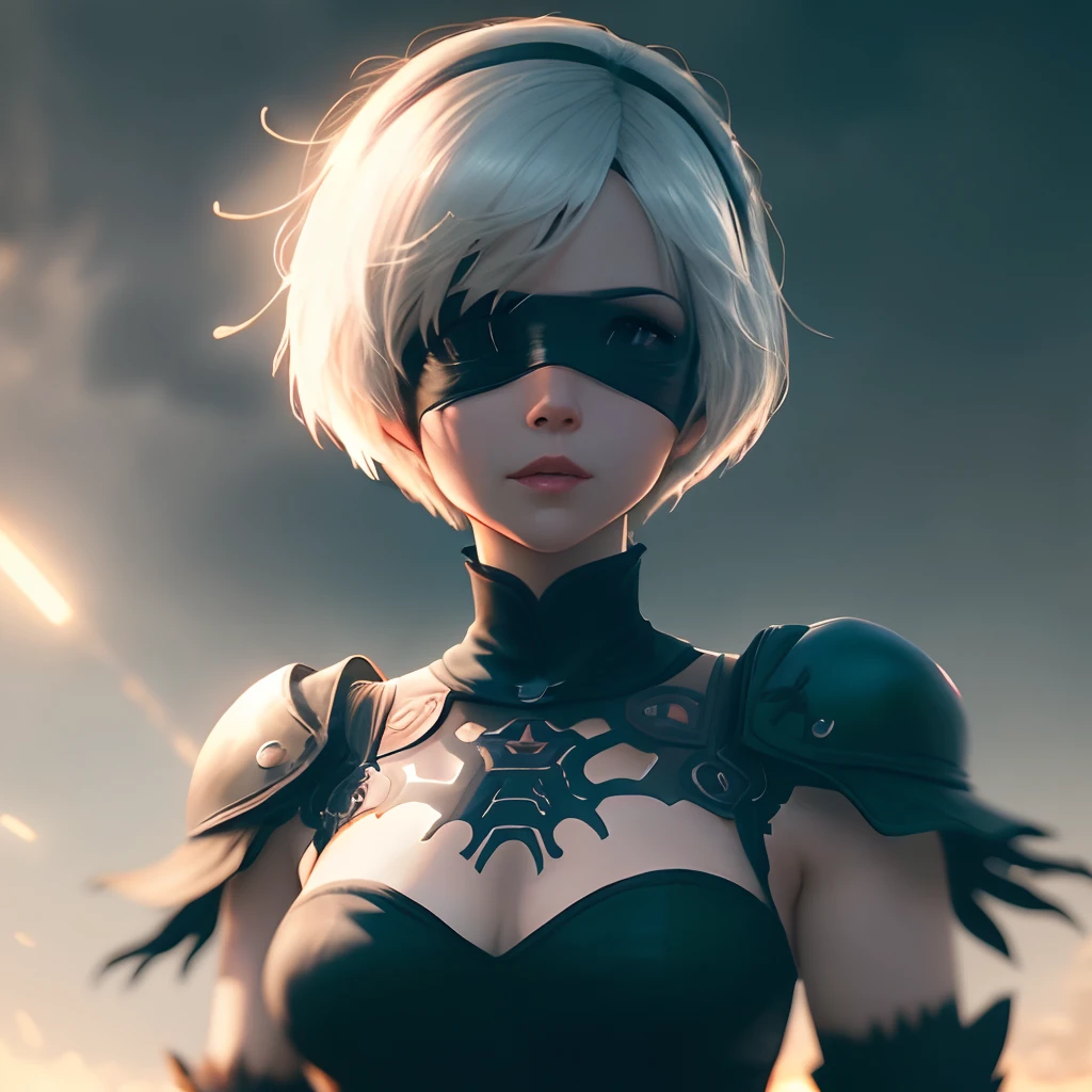 Generate an ultra-detailed, high-resolution masterpiece of 2B from Nier: Automata. Focus on her face and eyes, ensuring a cinematic lighting effect. Use a white background and depict her with her iconic black blindfold in an inky, dramatic style. Aim for the best quality possible in anime art (Anime: 1.3, Detail: 1.3, High Resolution: 1.1, Cinematic Lighting).