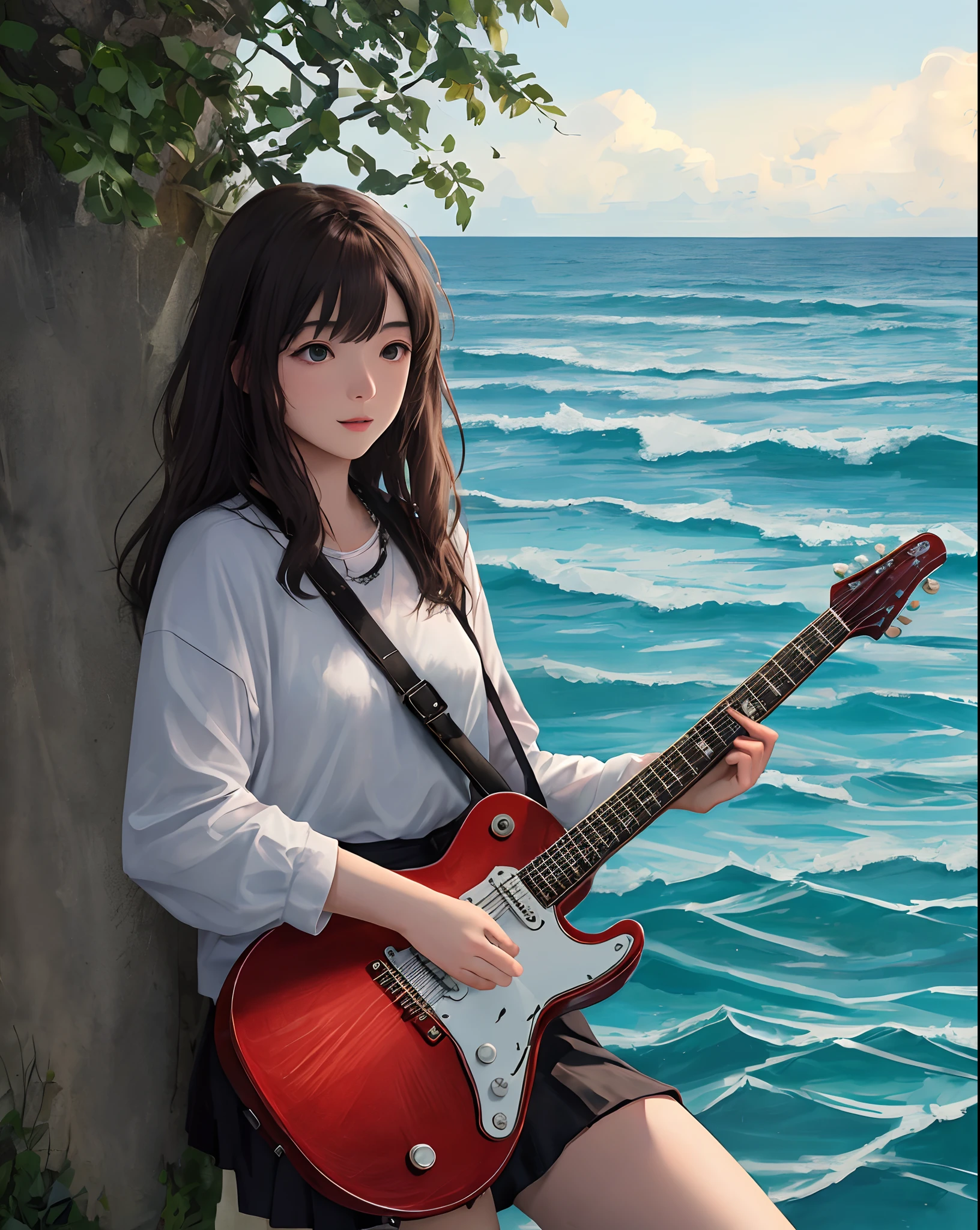 Mia with guitar in front of the sea 30 photos