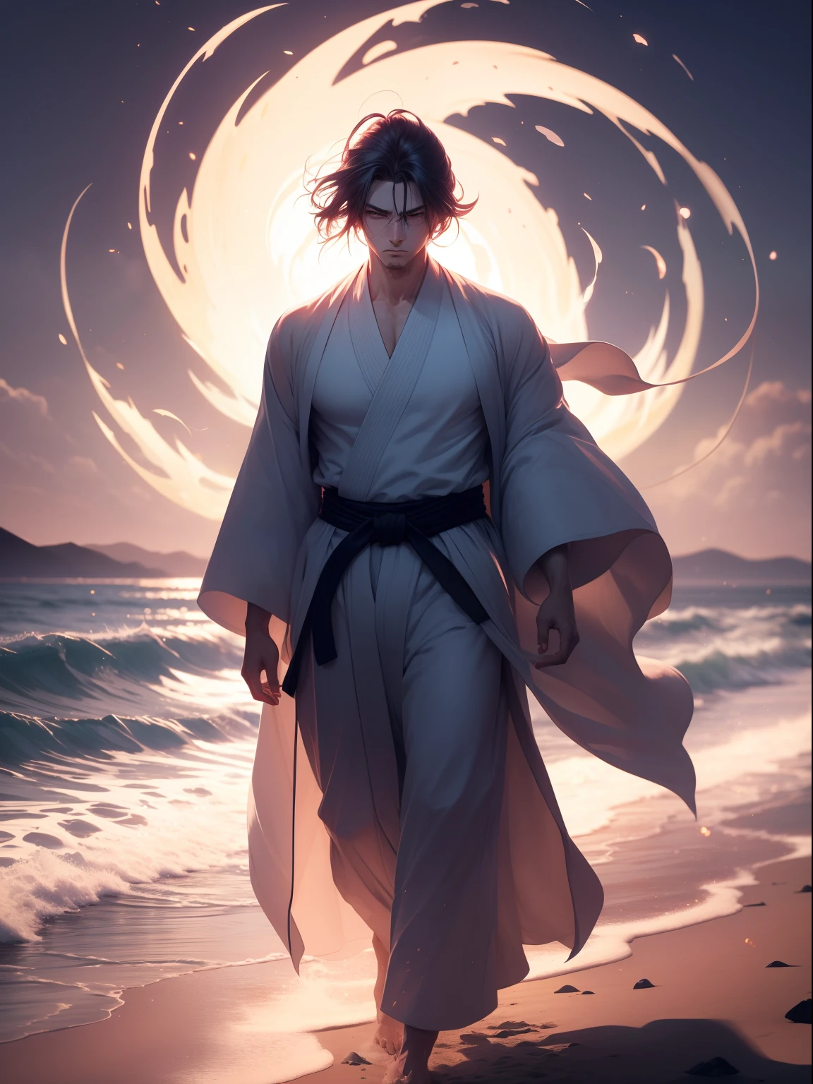 Hyper-realistic, eye level, Maya render, Gojo's canonical turquoise hair blown back in the breeze as randomized particles of cursed energy scatter across his indifferent expression, Gojo Satoru stands alone on a desolate shoreline at dusk, gazing out over the darkening sea while dressed in the traditional Jujutsu Tech sorcerer's robes with sliding blue cloth holding pale grey hakama pants, sandaled feet barely touching the wet sand illuminated by his technique emanating from six intensely glowing colliding swirls surrounding his discerning narrowed eyes studying some far off threat beyond the horizon fading into nightfall