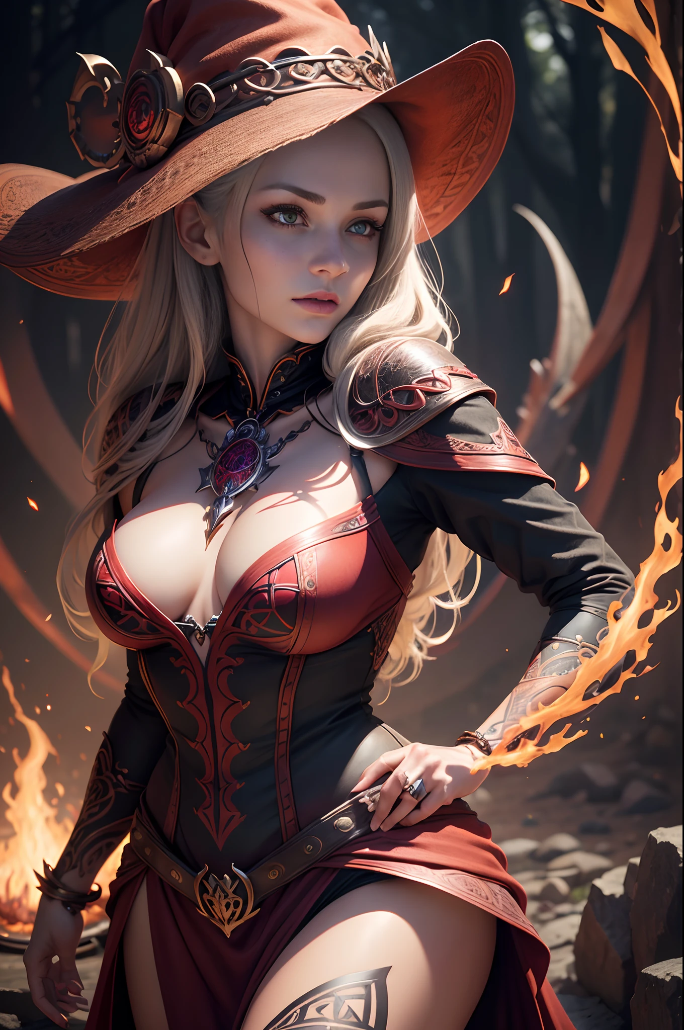 ((Best Quality)), ((masutepiece)), ((Realistic)), Celtic witch, Witch, artistic anatomic hands, Artistic anatomy, Glowing red eyes, Female face, , Trending on ArtStation, Sharp Focus, studio photo, Intricate details, Very detailed, Detailed eyes, Illustration, Very detailed, Sharp Focus, a digital rendering, Professional, 8K