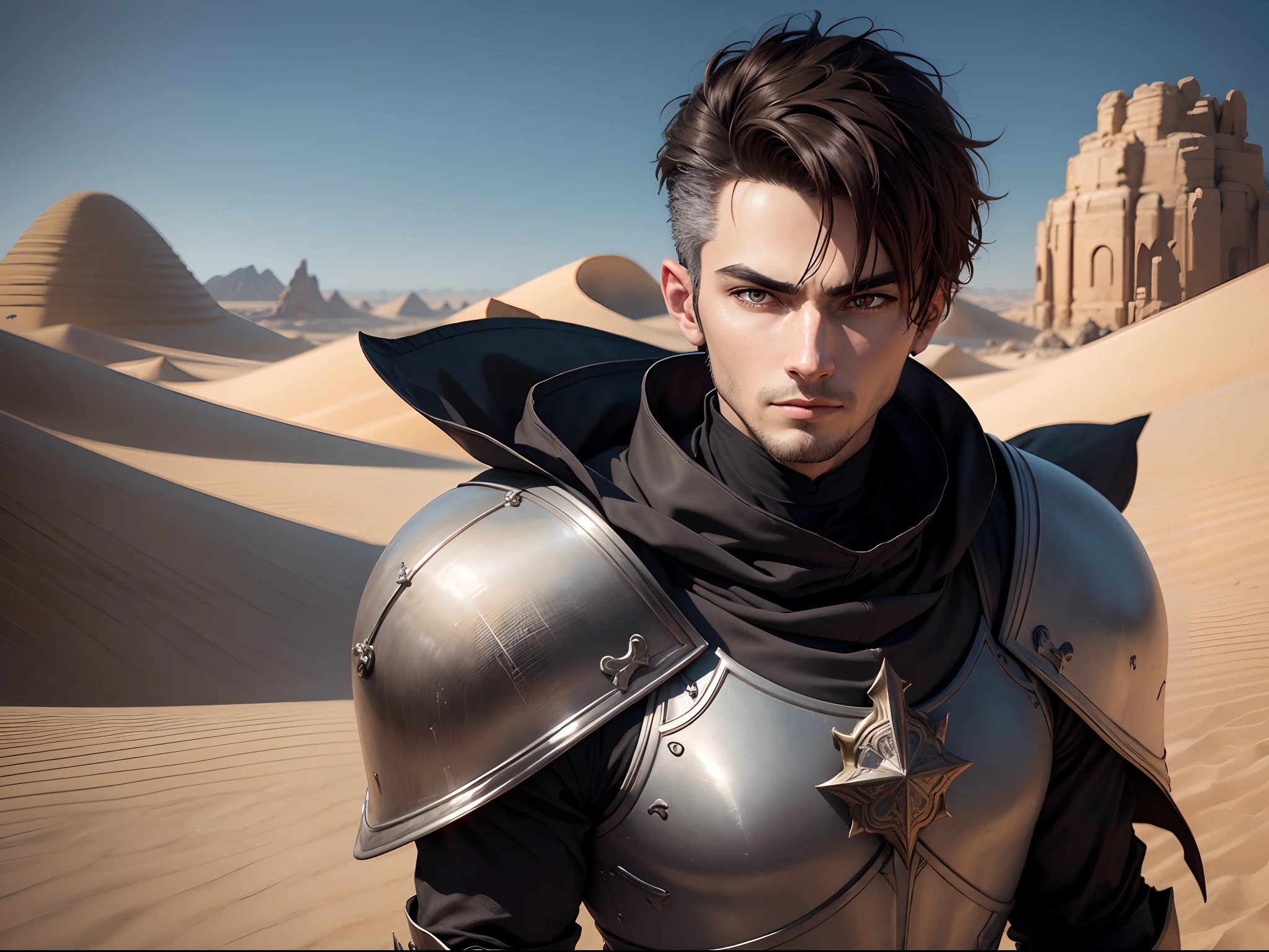 Realistic 8k image of a man with short brown hair, combed to the side, thin face, dressed in black cleric attire and silver shoulder pads in RPG style, on top of a dune in the desert, anime style art