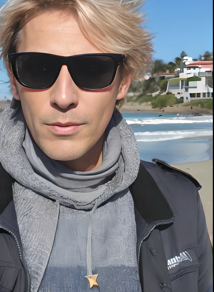 blond man with sunglasses and scarf on a beach near the ocean, ben ridgway, profile pic, marco lense, profile photo, finnian macmanus, hibbary, mads mikkelsen, profile image, 45 years old men, inspired by Joaquín Torres García, cool looking, taken in the early 2020s, peter andrew