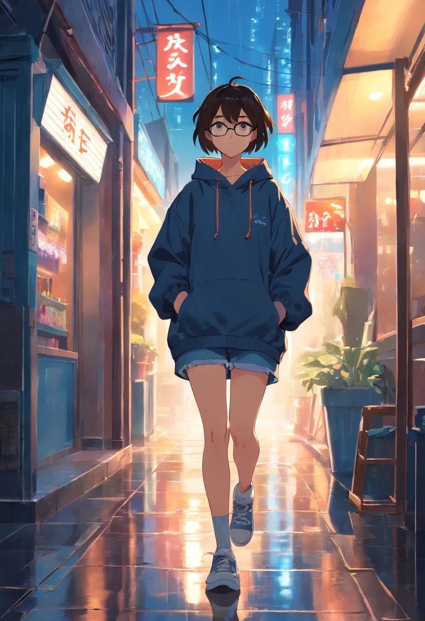 1guy, tan complexion, short black buzzcut, brown eyes, wearing clear glasses, wearing denim jeans, black sneakers, grey hoodie, standing outside night club, girl, black hair, brown eyes, in black dress and heels walking out of front door of night club, night time, ground wet from rain, city lights in background, absurdres, high res, ultra sharp, 8k, masterpiece