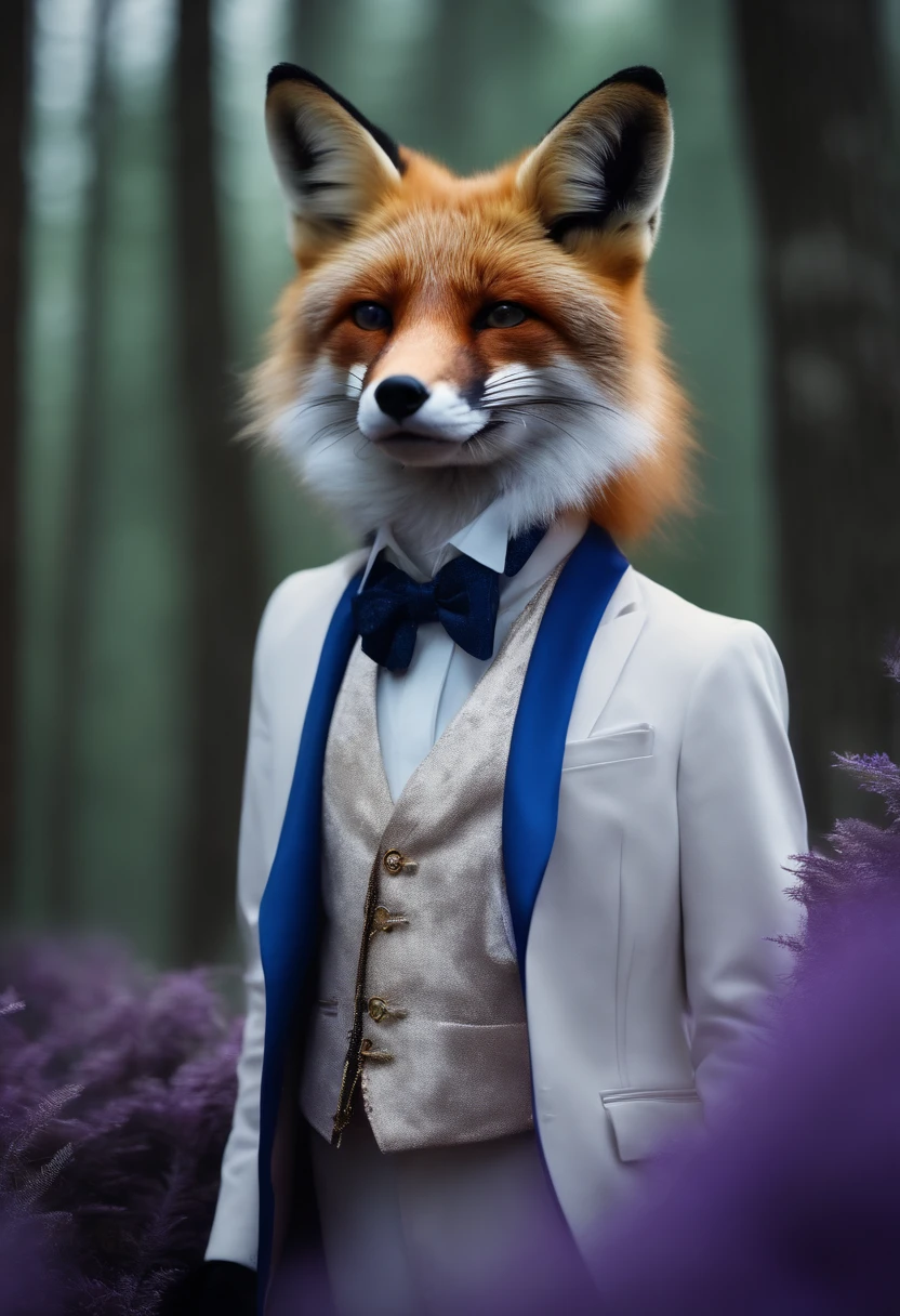 Photo Realistic Ultra Hd Fox Coat Blue Purple Imposing with White Suit Purple Breastplate Glasses Forest Background