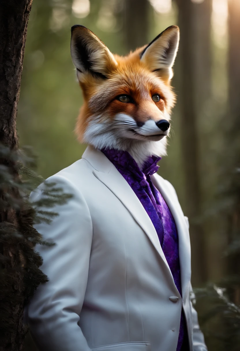 Photo Realistic Ultra Hd Fox Coat Blue Purple Imposing with White Suit Purple Breastplate Glasses Forest Background