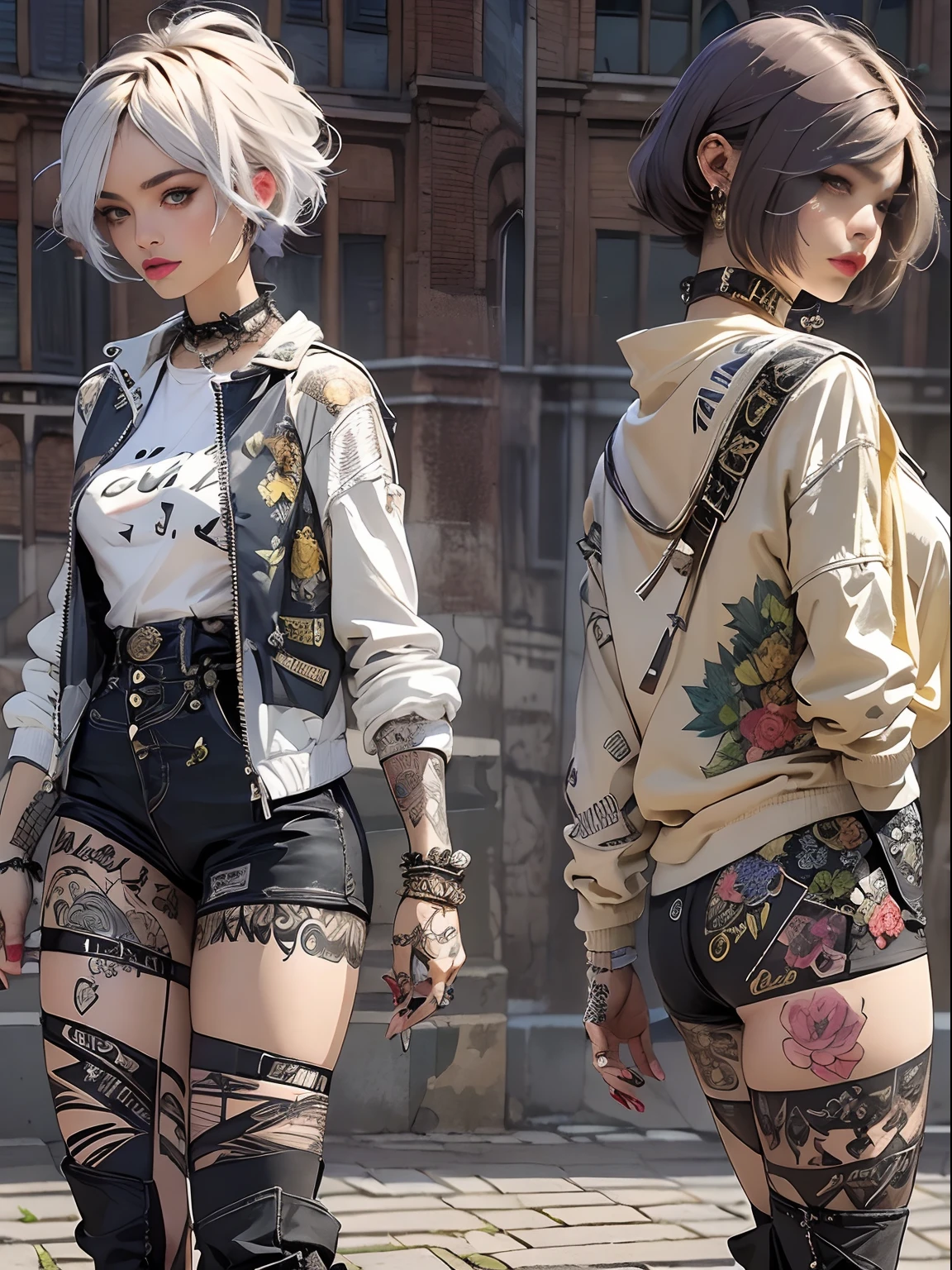 (((of the highest quality: 1.4))),(unparalleled masterpiece ever), (Ultra High Definition),(ultrarrealista 8k CG), arte oficial、 (((corpo adulto))), (((1girl em))), ((( Bob Cabelo Curto ))), Garota punk com um corpo perfeito, Jaqueta com espinhos de metal,rosto bonito e bem cuidado,Maquiagem Extravagante,Moda punk detalhada,jaquetas de couro, (Image from head to thigh),((Bob Rosa Shorthair )), Calcinha de couro pequena, O estilo selvagem urbano de Simon Bisley,Fundo detalhado da rua de Londres,Abdominais limpos, Complex graphics, rosa escuro com estrelas brancas e listras cinza e branca,、 (( Muitas tatuagens venenosas )), piercings,