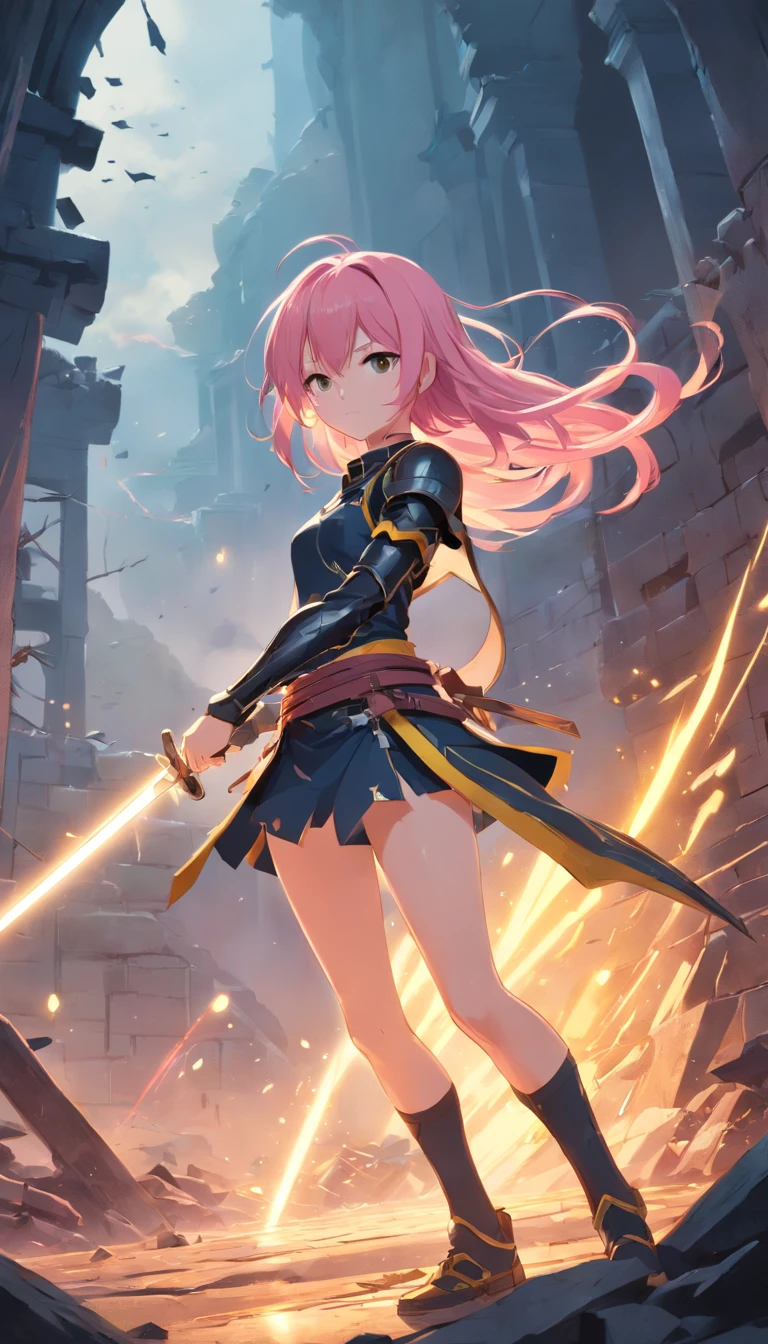 1 Girl Slim Small Long Pink Hair, Black and yellow armor wears a two-handed sword, Fight monsters in a ruin, UHD, masterpiece, anatomically correct, high quality, high details, highres, best quality, 8k