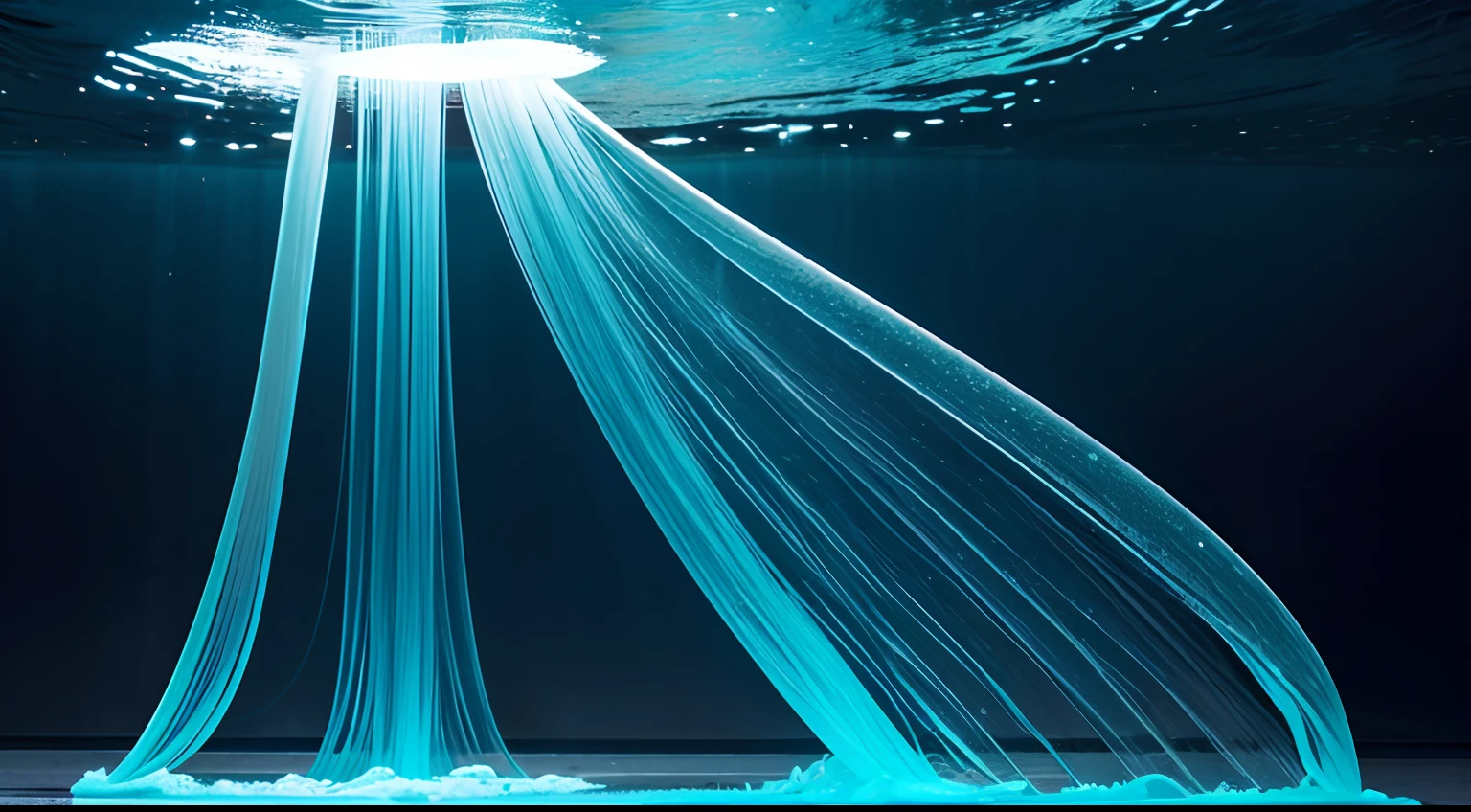 medusas bioluminiscentes flotando en la profundidad del oceano, llevadas por la corriente. Colores fluidos, translucidos , fosforescentes, de colores brillantes, colores radiantes, psicodelicos,iluminan el entorno oscuro con su fosforescencia, sensacion de movimientos fluidos , arremolinados, movimiento de los tentaculos de acuerdo al arte de los fluidos en movimiento