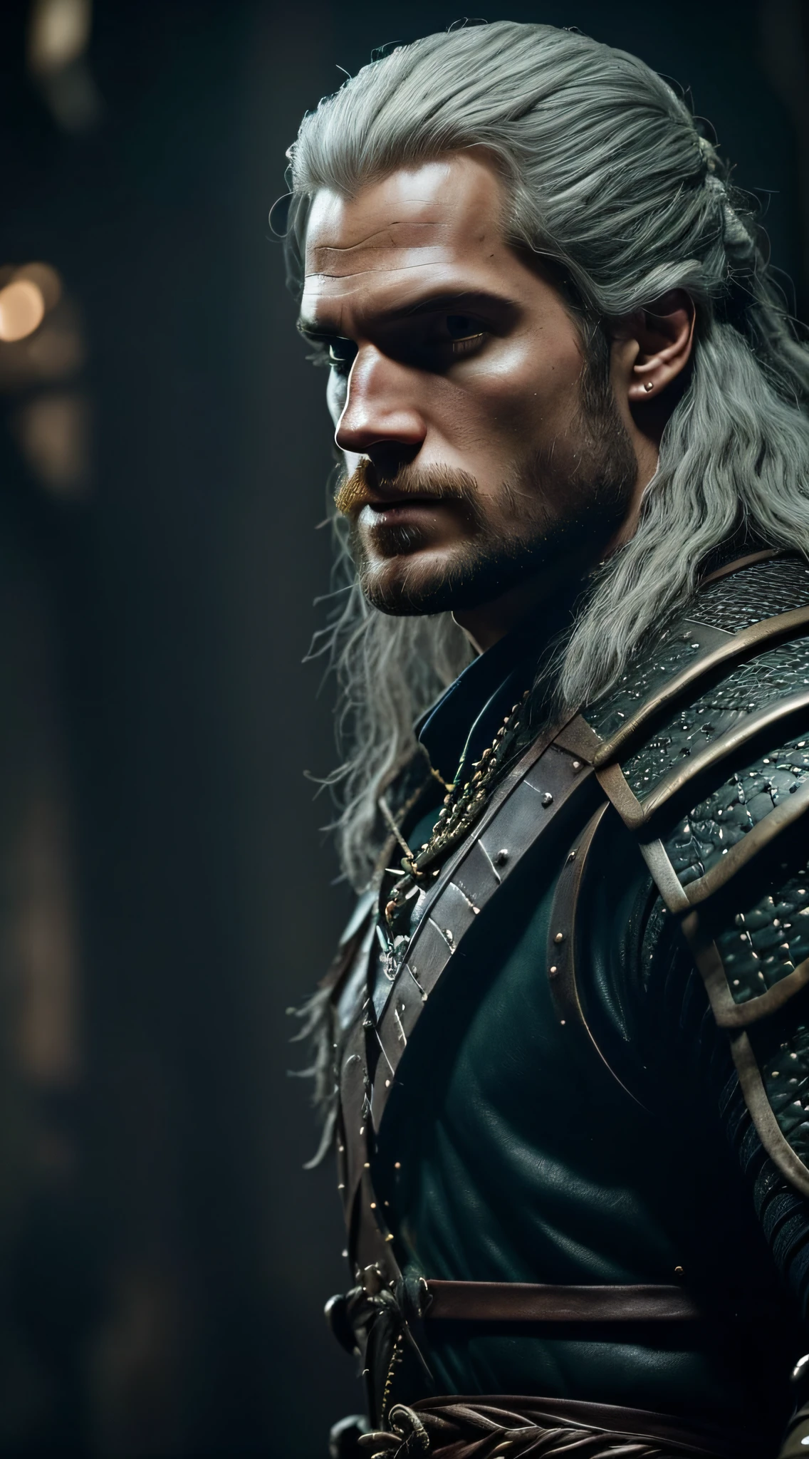 The witcher 3, Gerald portrait (closeup) of rivia, realistically, dynamic lights, old, full footage, (extremely detailed 8k wallpaper of CG unit), trend in ArtStation, trend in CGSociety, high detail, sharp focus, dramatic, photorealistic