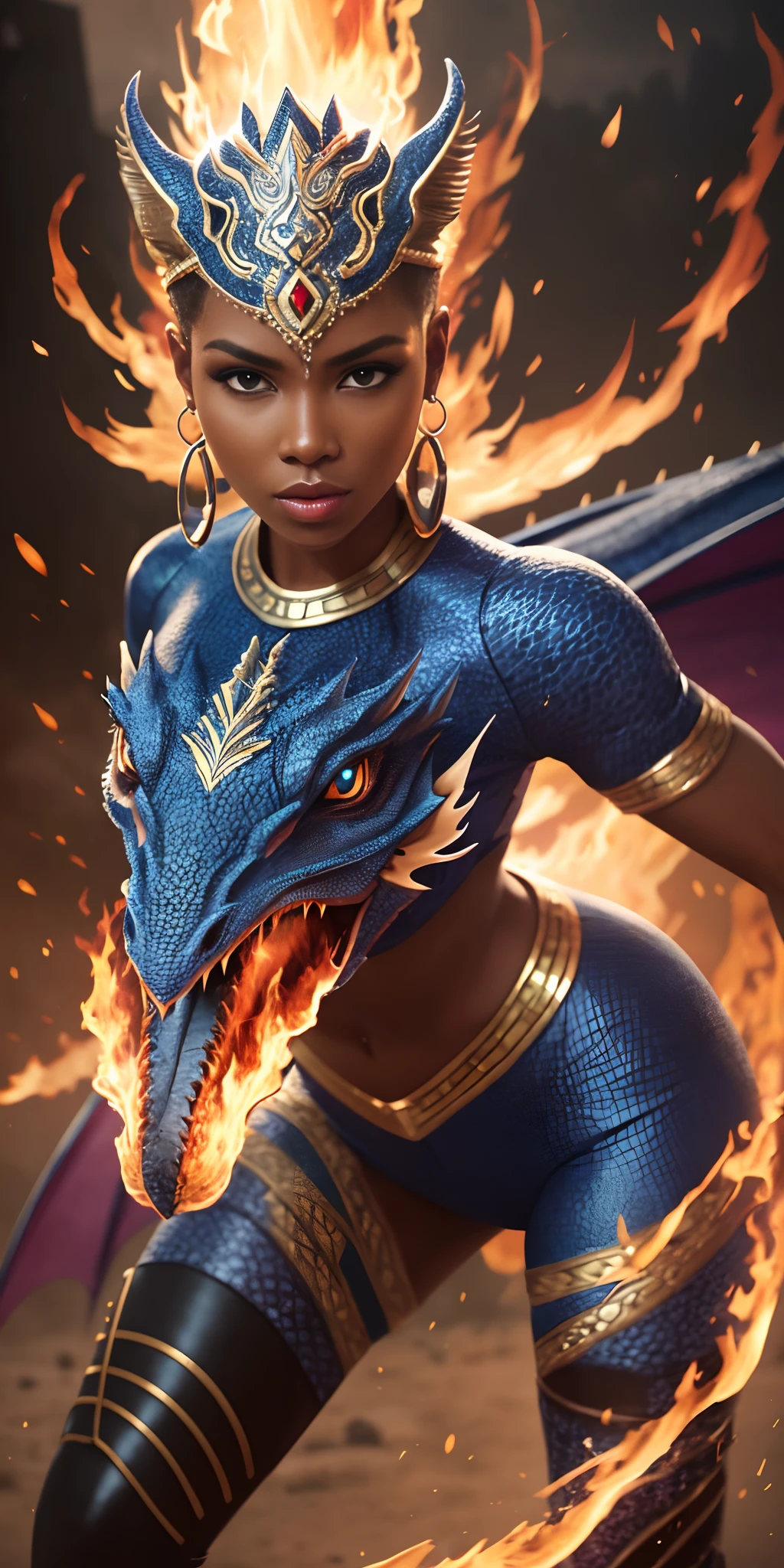A black woman wearing african designed clothes riding a fierce fire breathing dragon above an african city, bright day shining beautifully, with iridescent light, photorealistic image, 32k, ultra HD, cinematic lighting, artgerm style, highly detailed images, vibrant and beautiful colours, highly detailed facial features, highly detailed hands, highly detailed fingers, highly detailed legs, --auto --s2
