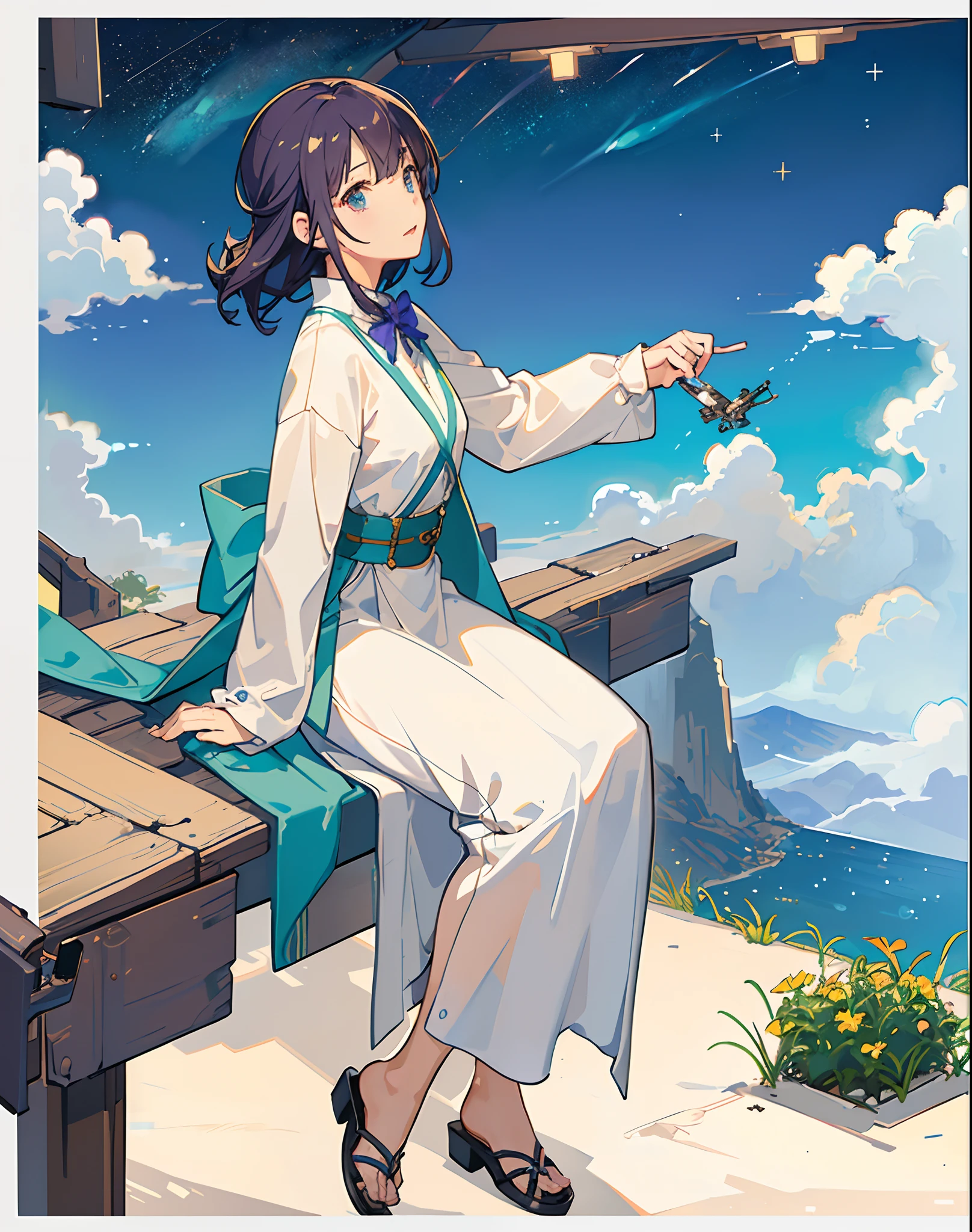best quality, masterpiece, extremely detailed, detailed background, anime, 1girl, young girl, short girl, sci-fi, science fiction, outdoors, night, starry sky, greenhouse, megastructure, bio-dome, landscape, scenery, horizon, rooftop, sitting on rooftop, wind, looking away, atmospheric lighting, solo focus, close up, from side, depth of field, bokeh