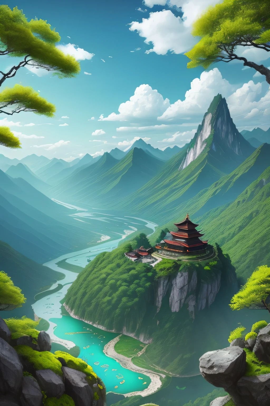 Chinese view, mountains, stones, water fall, water, kali, lake, large amounts of water, scenery, The sky, the rough color of the sky, Lush clouds, View from the mountain, moss, big trees, leaves