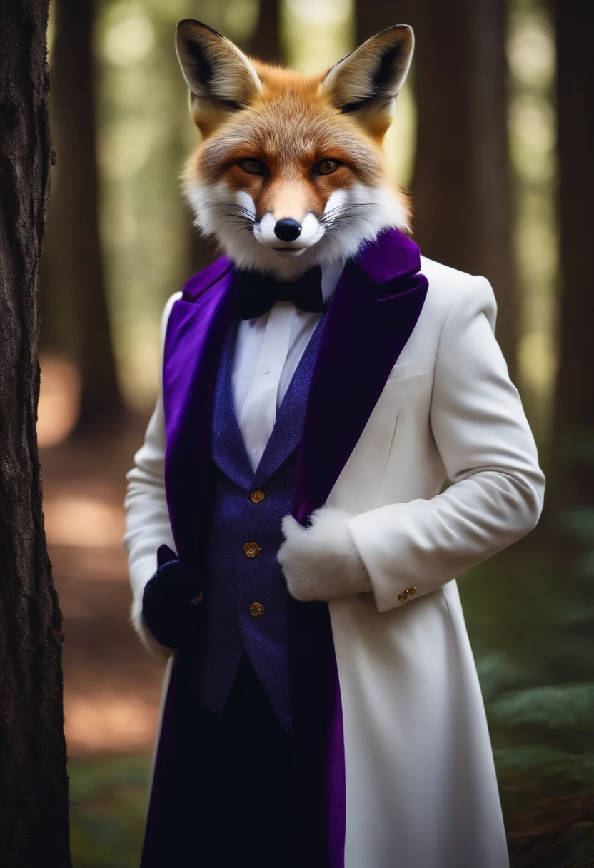Photo Realistic Ultra Hd Fox Coat Blue and Purple Imposing with White Suit Purple Breastplate Wearing Glasses Forest Background Arms Crossed