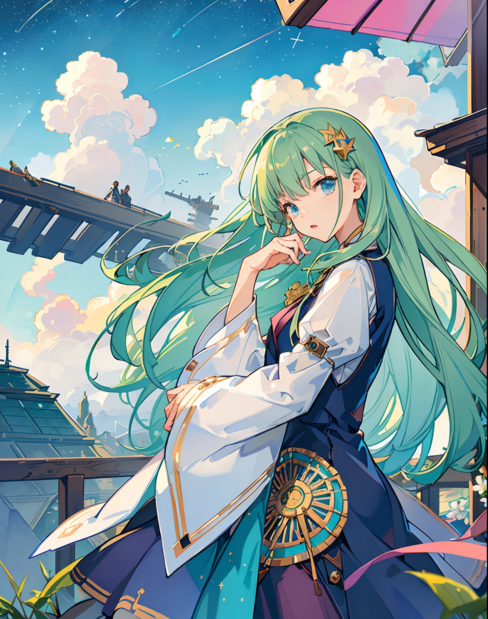 best quality, masterpiece, extremely detailed, detailed background, anime, 1girl, young girl, short girl, sci-fi, science fiction, outdoors, night, starry sky, greenhouse, megastructure, bio-dome, landscape, scenery, horizon, rooftop, sitting on rooftop, wind, looking away, atmospheric lighting, solo focus, close up, from side, depth of field, bokeh